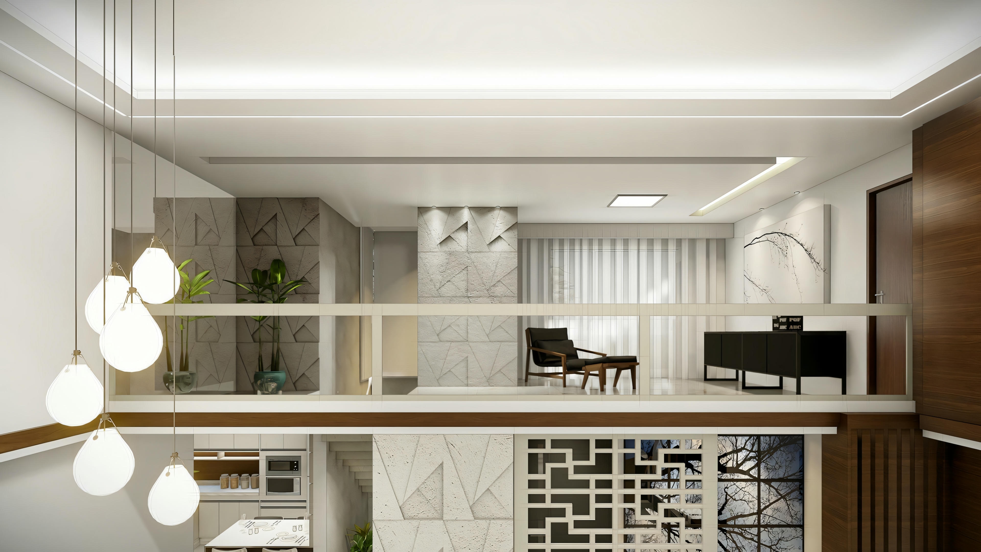 Stools and recessed lighting.
