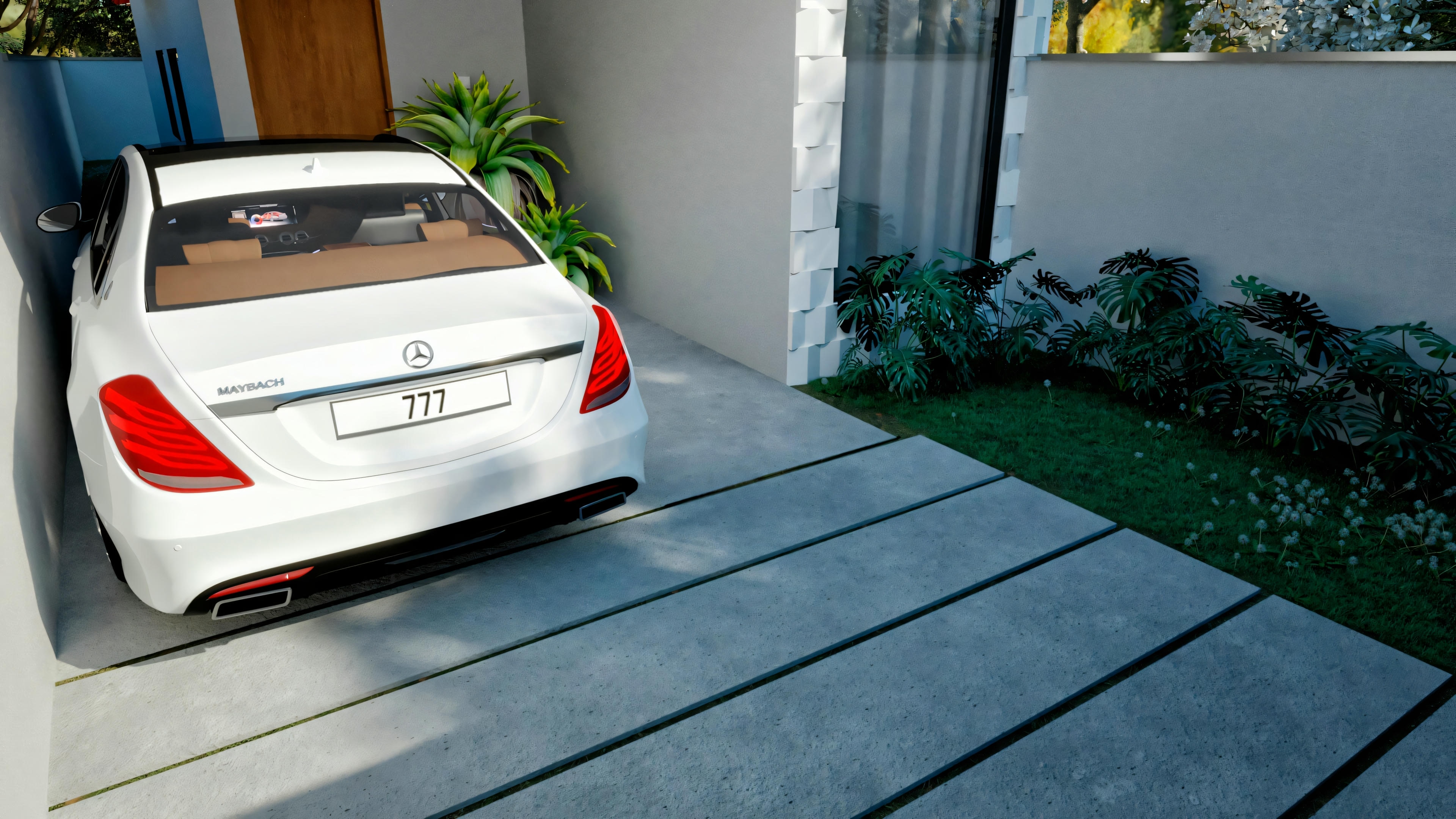 A white car parked on a dark tiled driveway next to greenery, under the cover of a modern house at dusk.