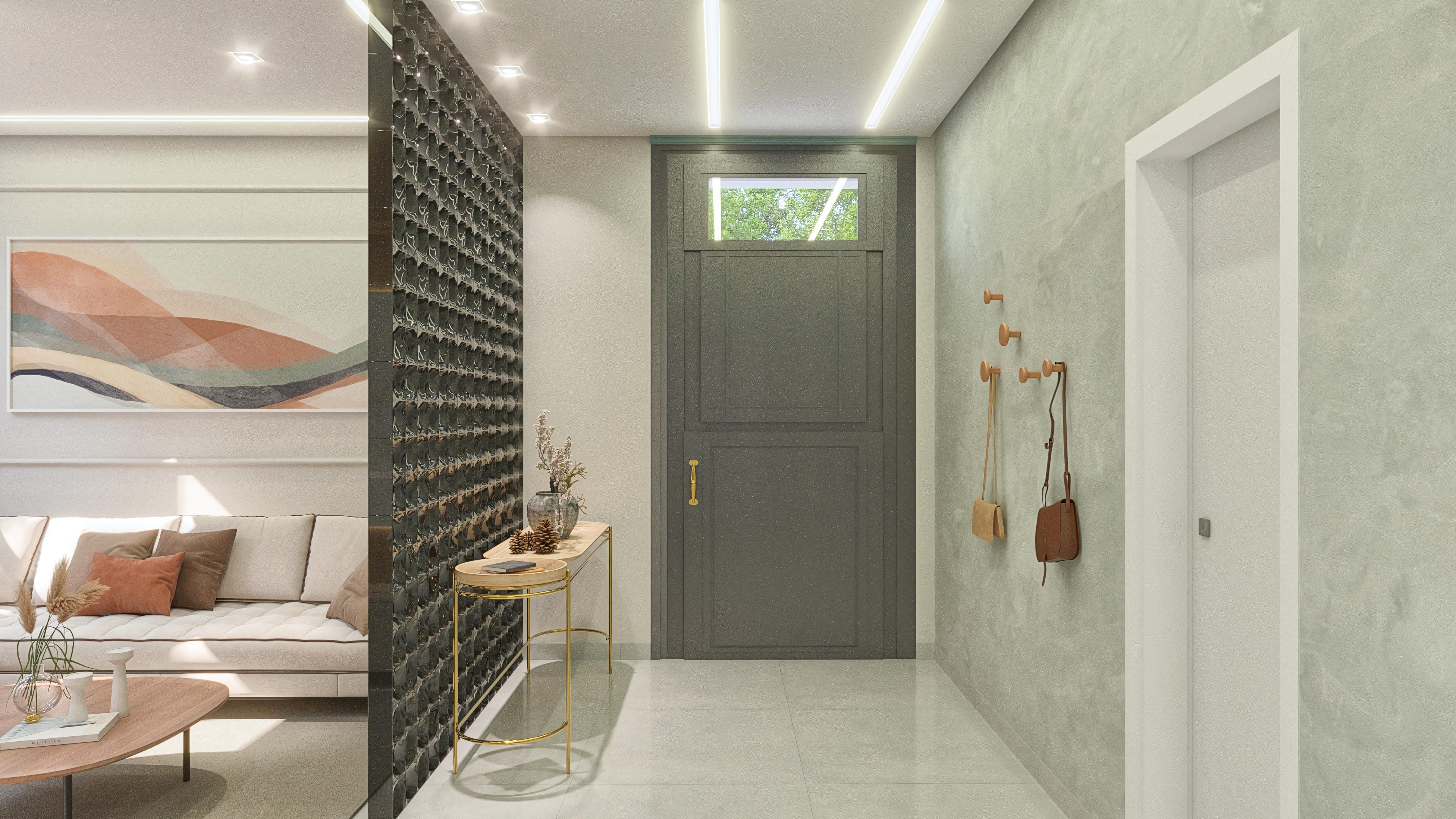 Entrance hall with a dark gray door, a burnt cement textured wall, and a decorative mirrored panel.