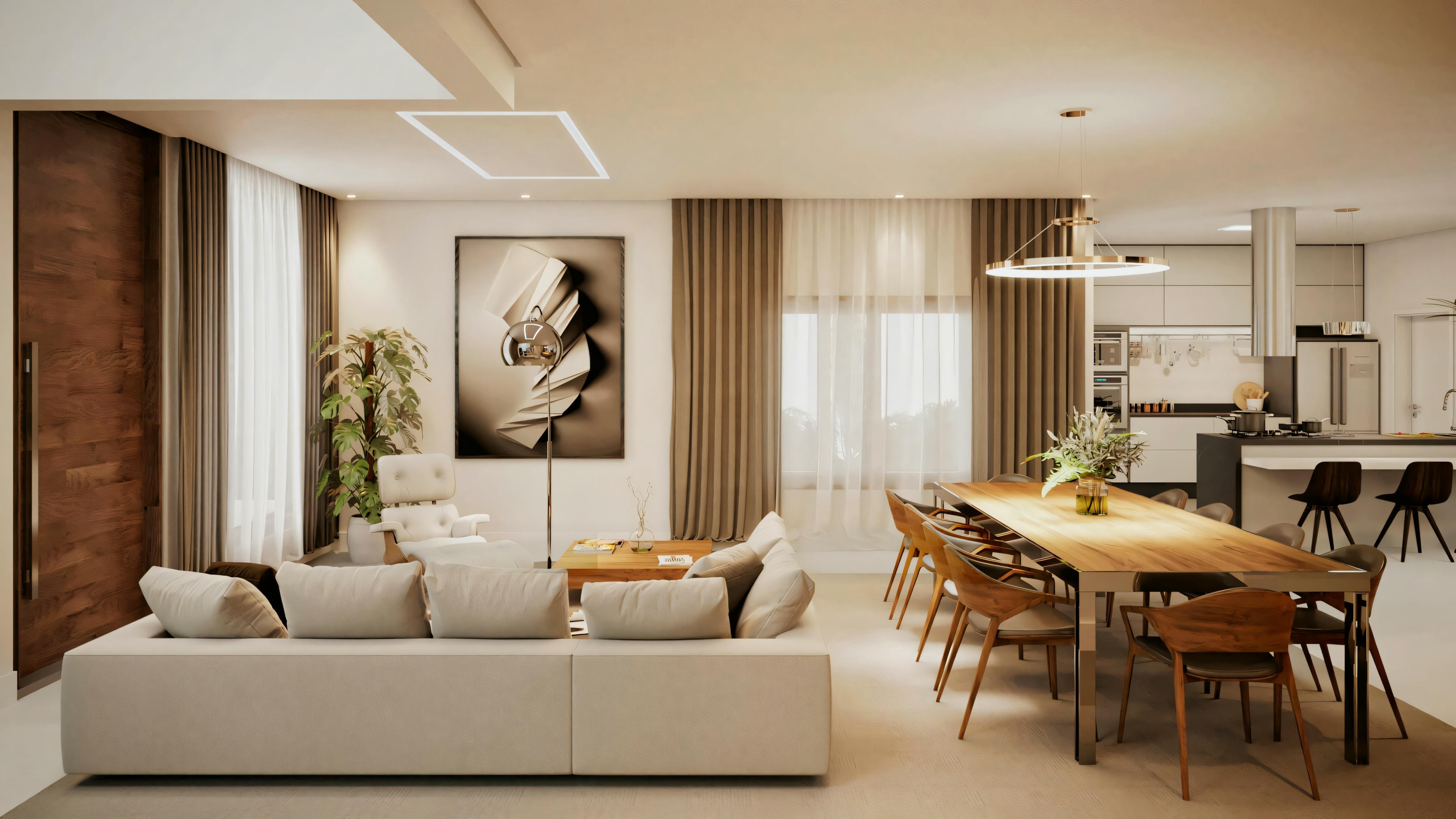 Área de comedor y estar moderna con mesa de comedor, sillas, conjunto de sofás y una cocina abierta al fondo.