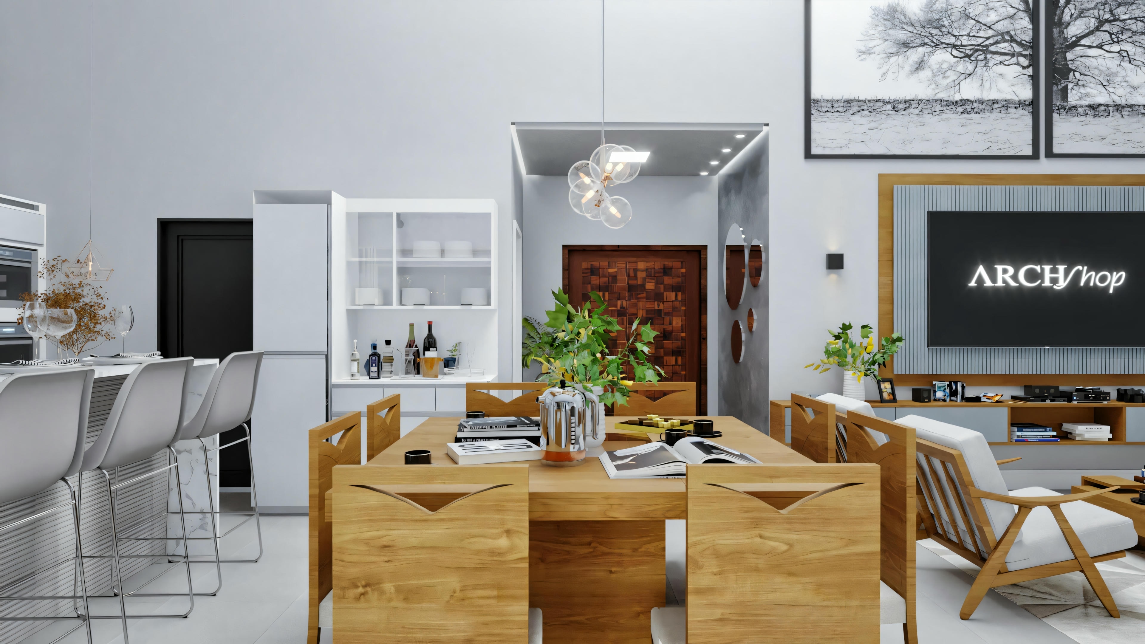 Uma área de jantar moderna com mesa de madeira decorada com plantas, cercada por cadeiras, adjacente a uma cozinha com eletrodomésticos de aço inoxidável e armários brancos.