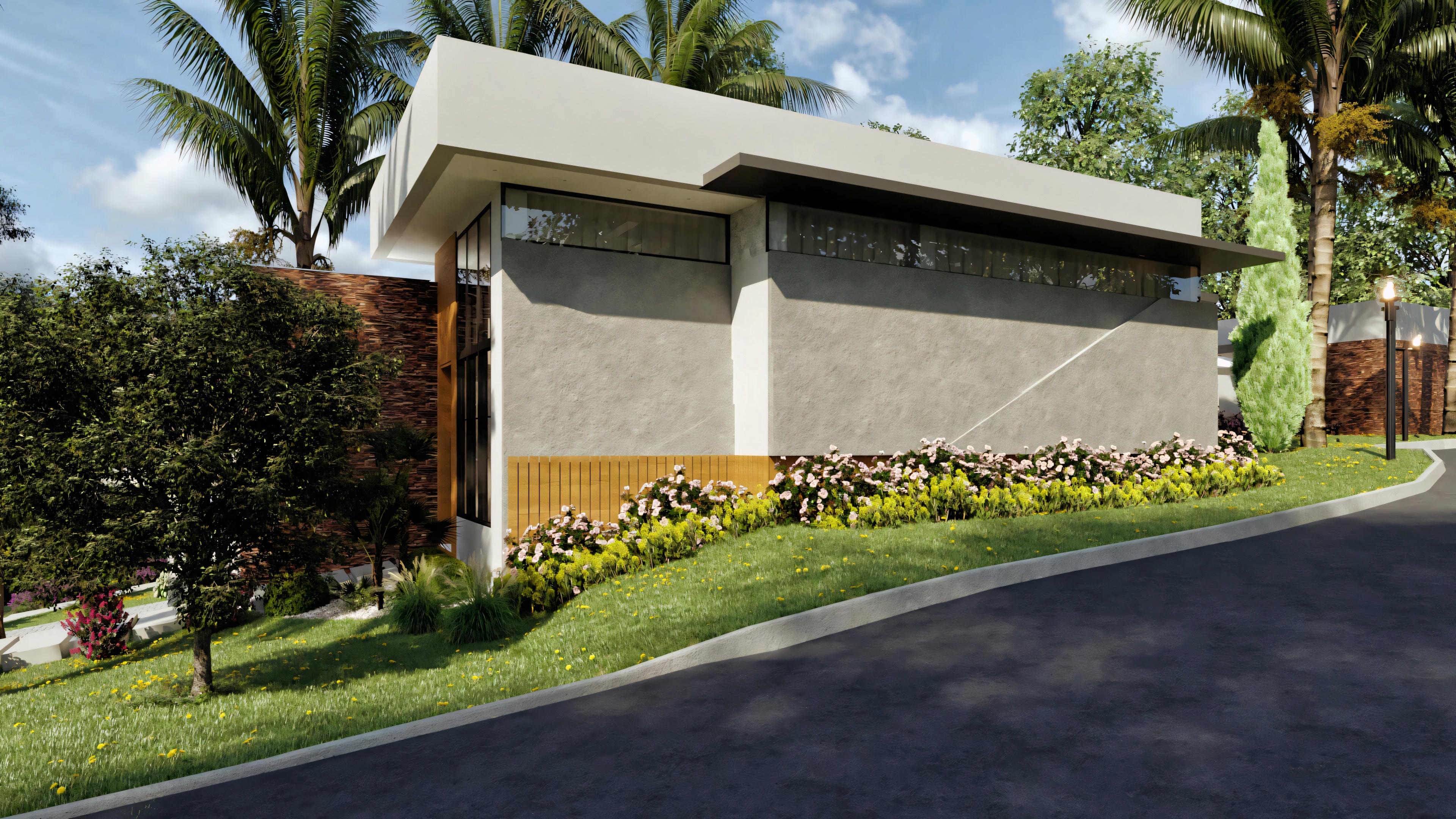 Casa con paredes de piedra y diseño de tejado inclinado.