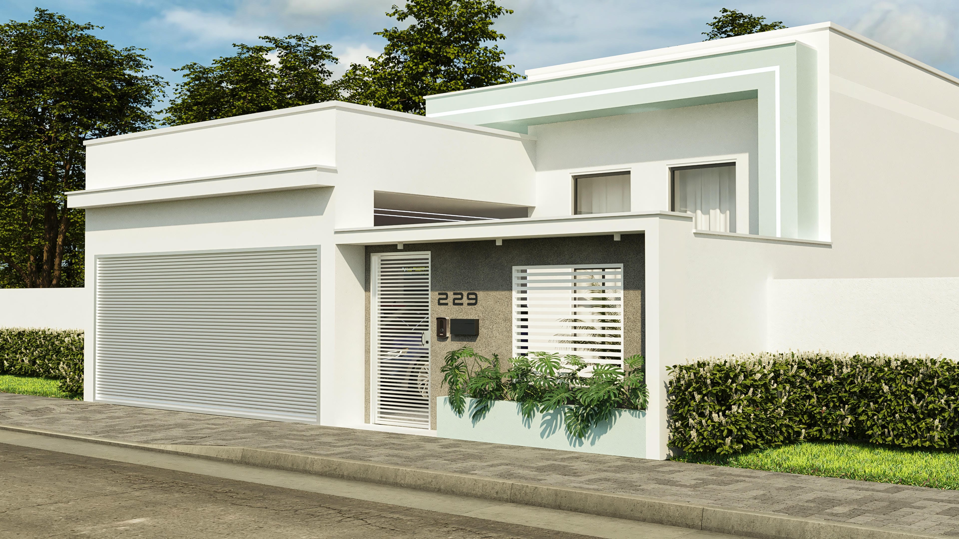 Fachada moderna de casa de una planta con líneas rectas, amplios ventanales, portón de garaje y acceso principal con detalles en blanco y tonos claros. El paisajismo sutil complementa el diseño.