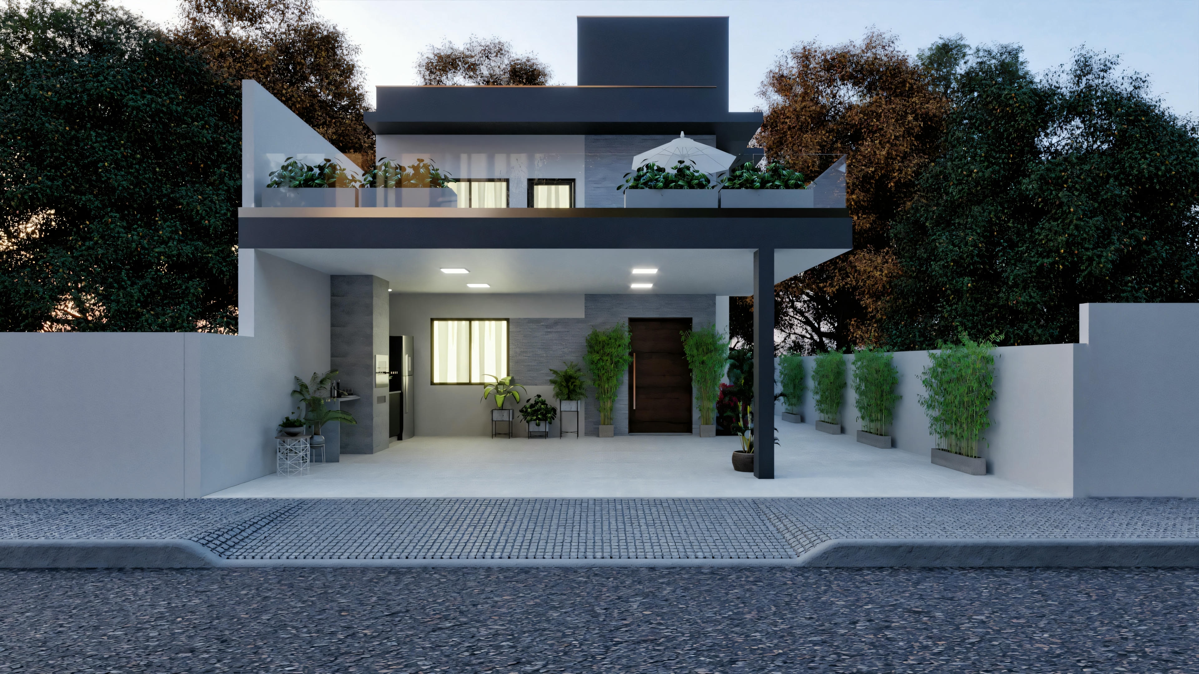 A mesma casa moderna com a porta da garagem aberta, revelando um interior iluminado.