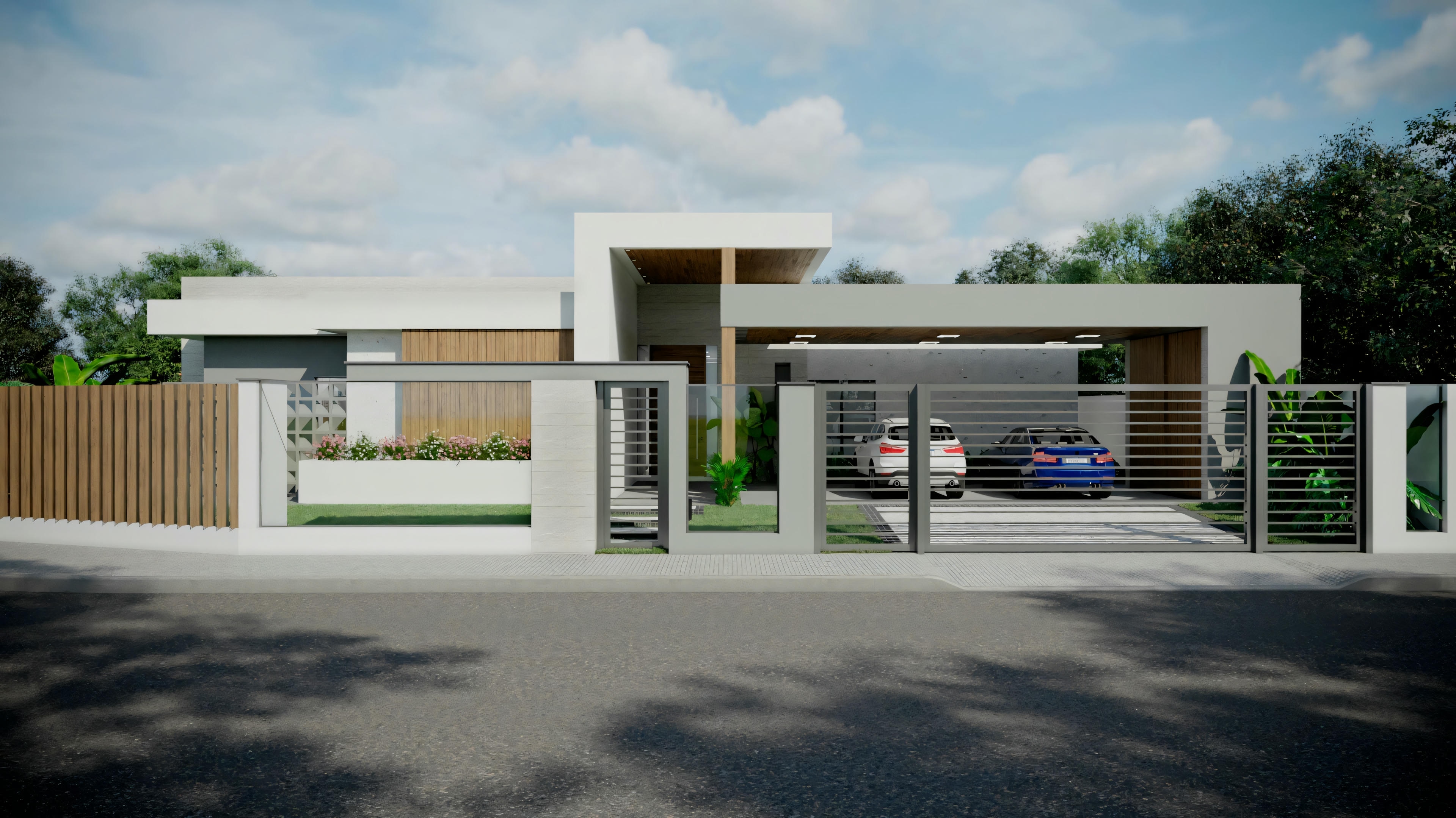Uma casa moderna com telhado plano, grandes janelas e um carro estacionado na entrada.