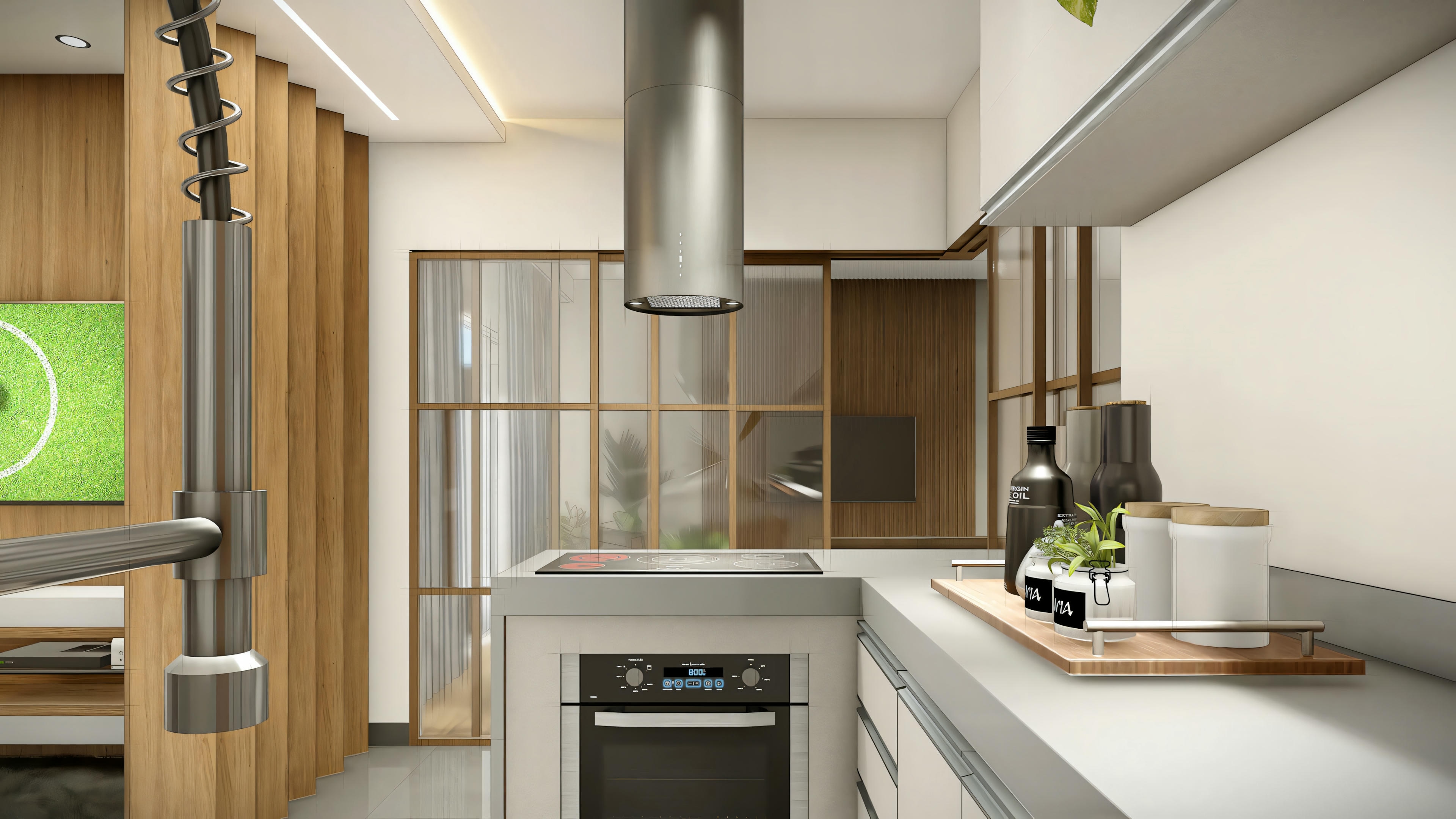 Una cocina con detalles verdes y electrodomésticos modernos.
