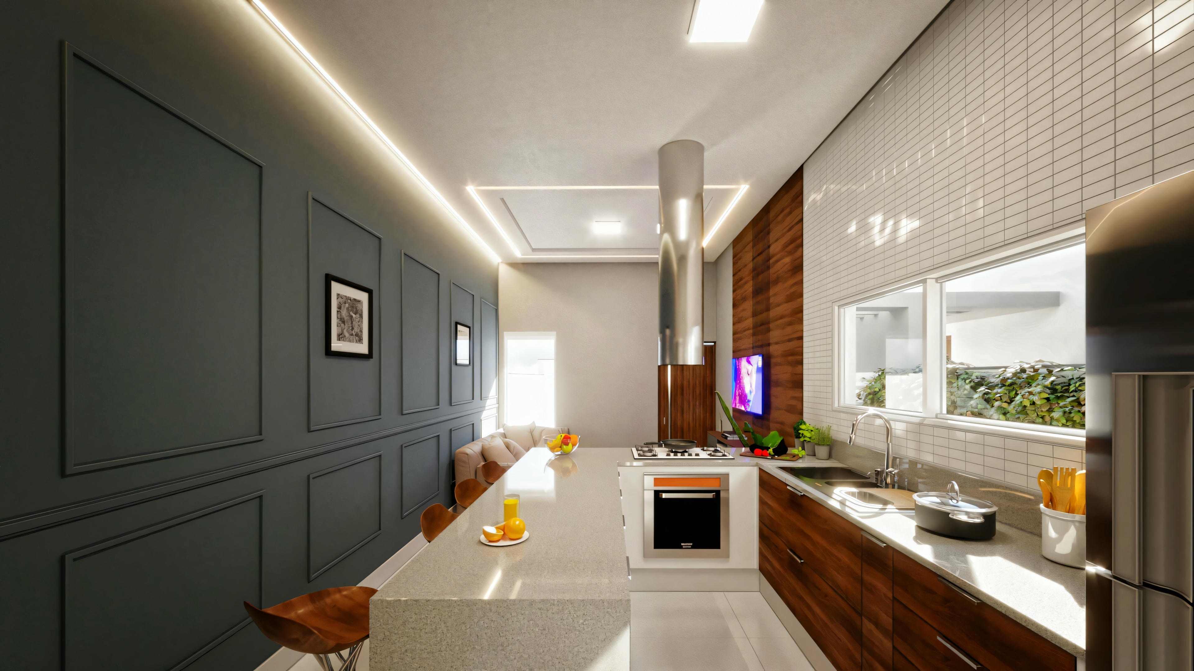 Vista del pasillo de la cocina y sala de comedor integradas en casa estrecha (medio lote 5x25). Cocina moderna con encimera en L, península para comidas y sala con pared en boiserie.