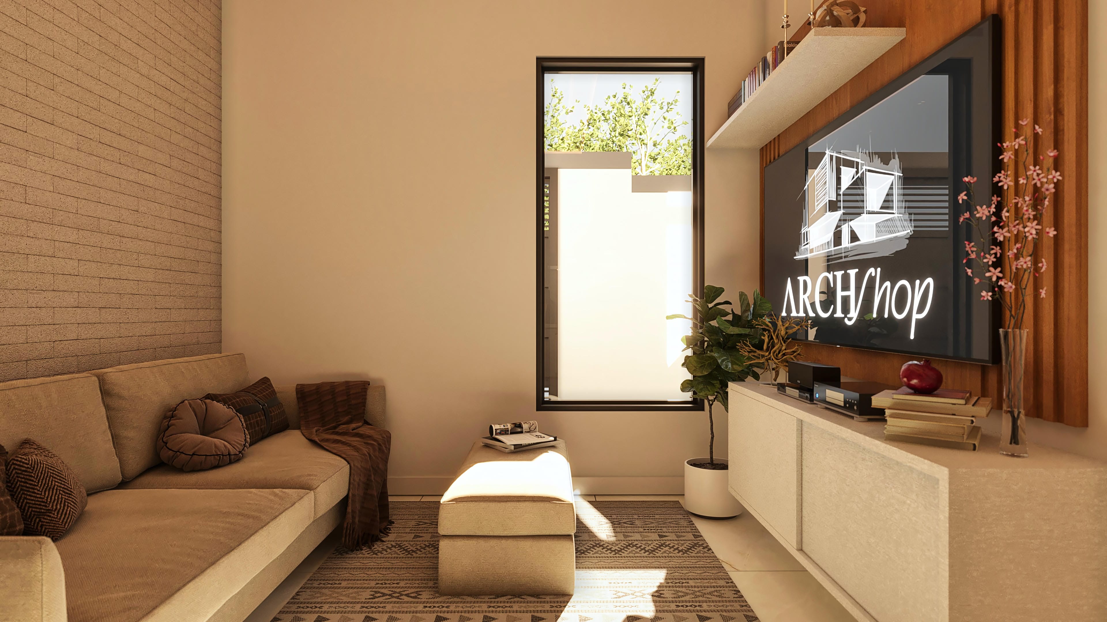 Internal environment of a single-story house with an L-shaped sofa, coffee table, and a TV rack. Wall with exposed bricks and a window overlooking the external area with vegetation.