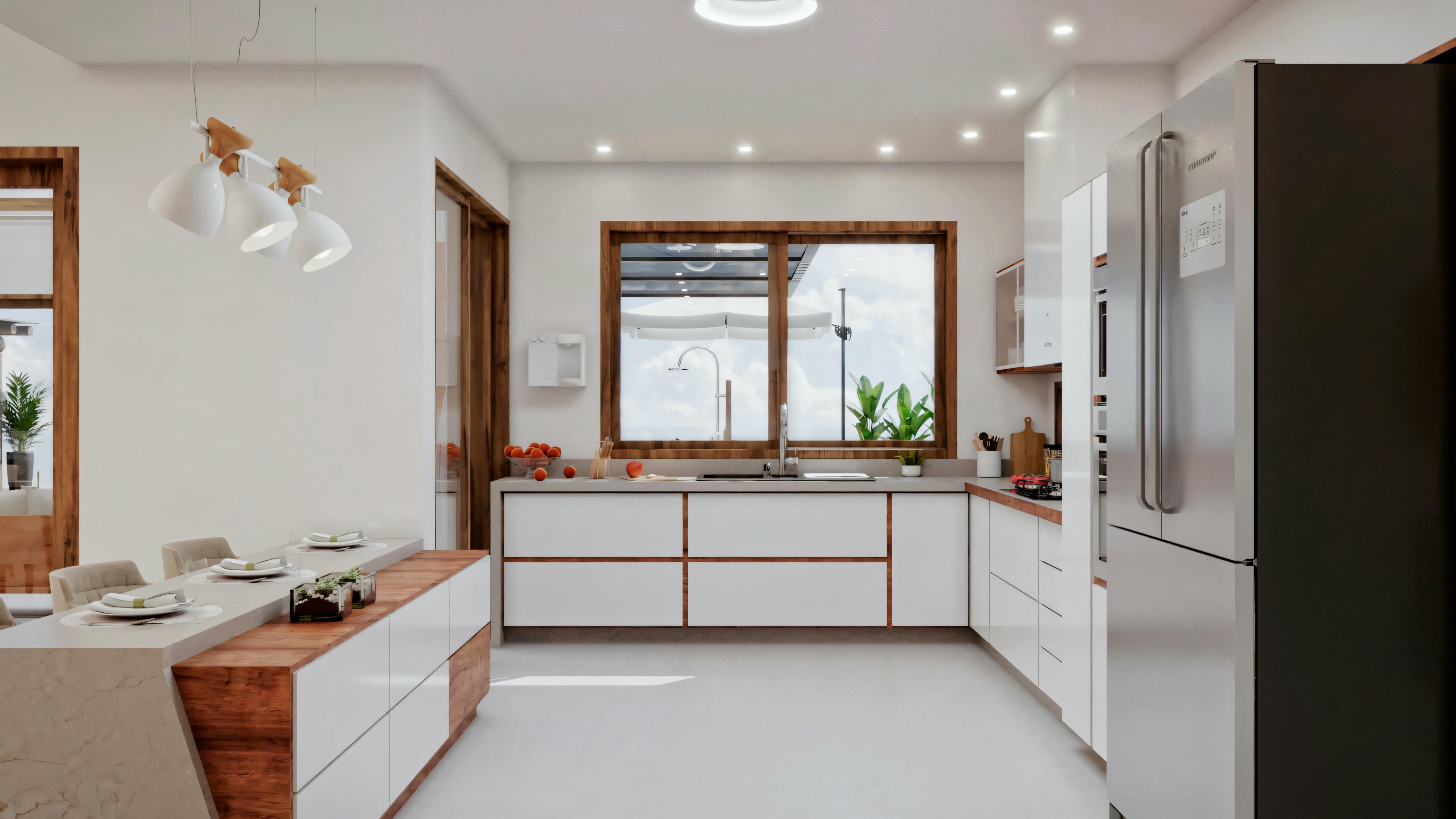 Um espaço interno com design de cozinha moderna, apresentando armários brancos, uma ilha central com pia e grandes janelas permitindo muita luz natural.
