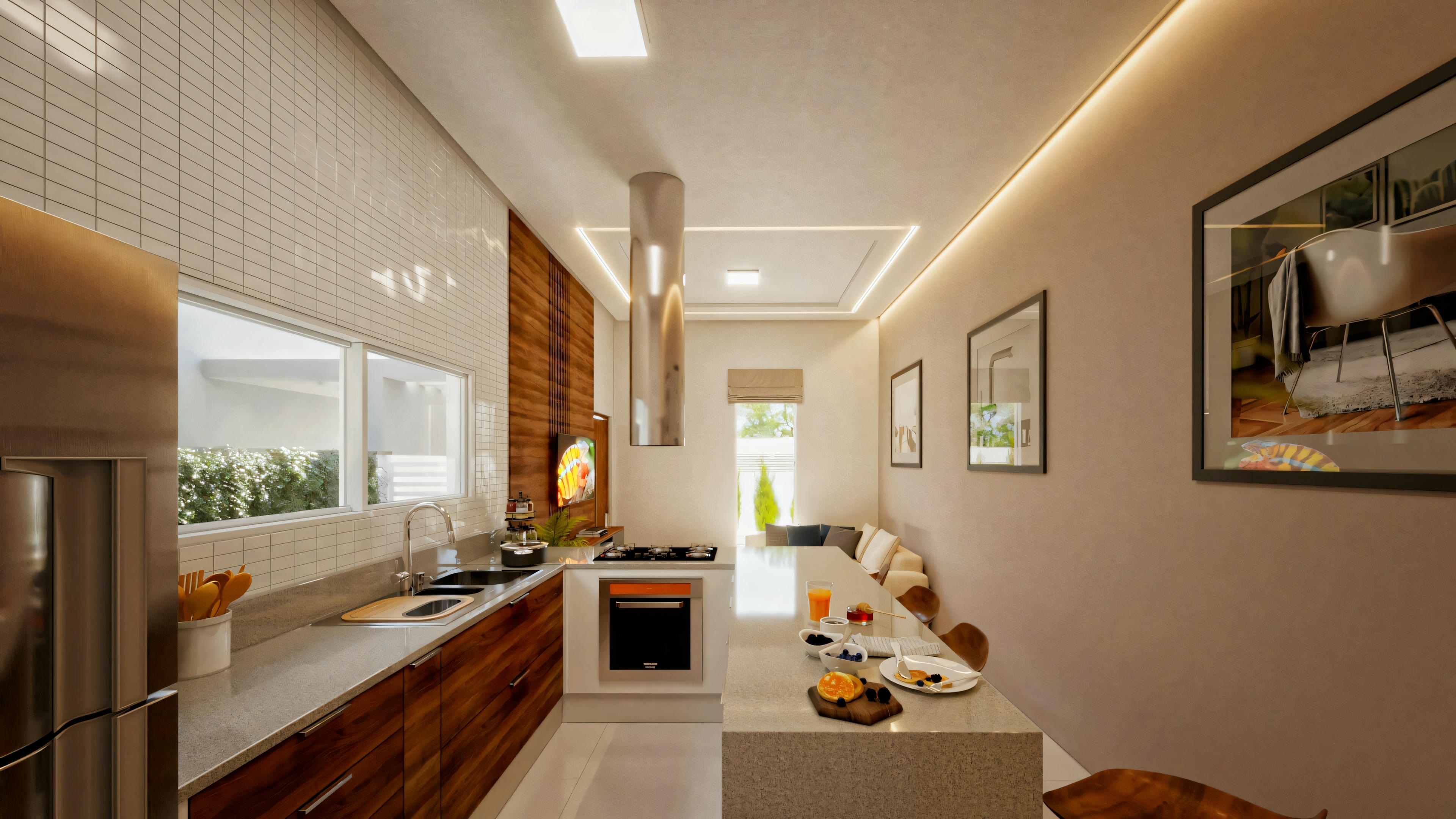 Uma cozinha moderna com armários de madeira, eletrodomésticos de aço inoxidável, uma longa ilha com banquetas e luminárias pendentes.