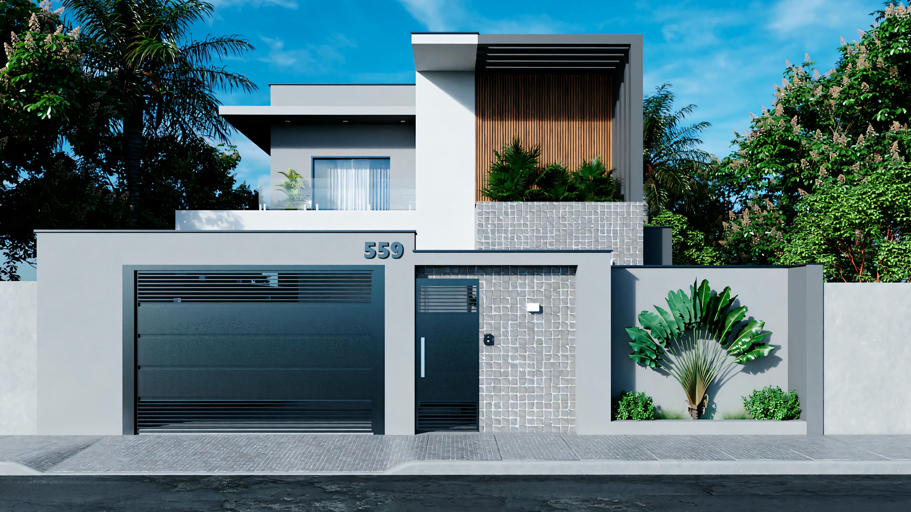 Vista interna da casa moderna, mostrando uma cozinha com design contemporâneo e eletrodomésticos modernos.