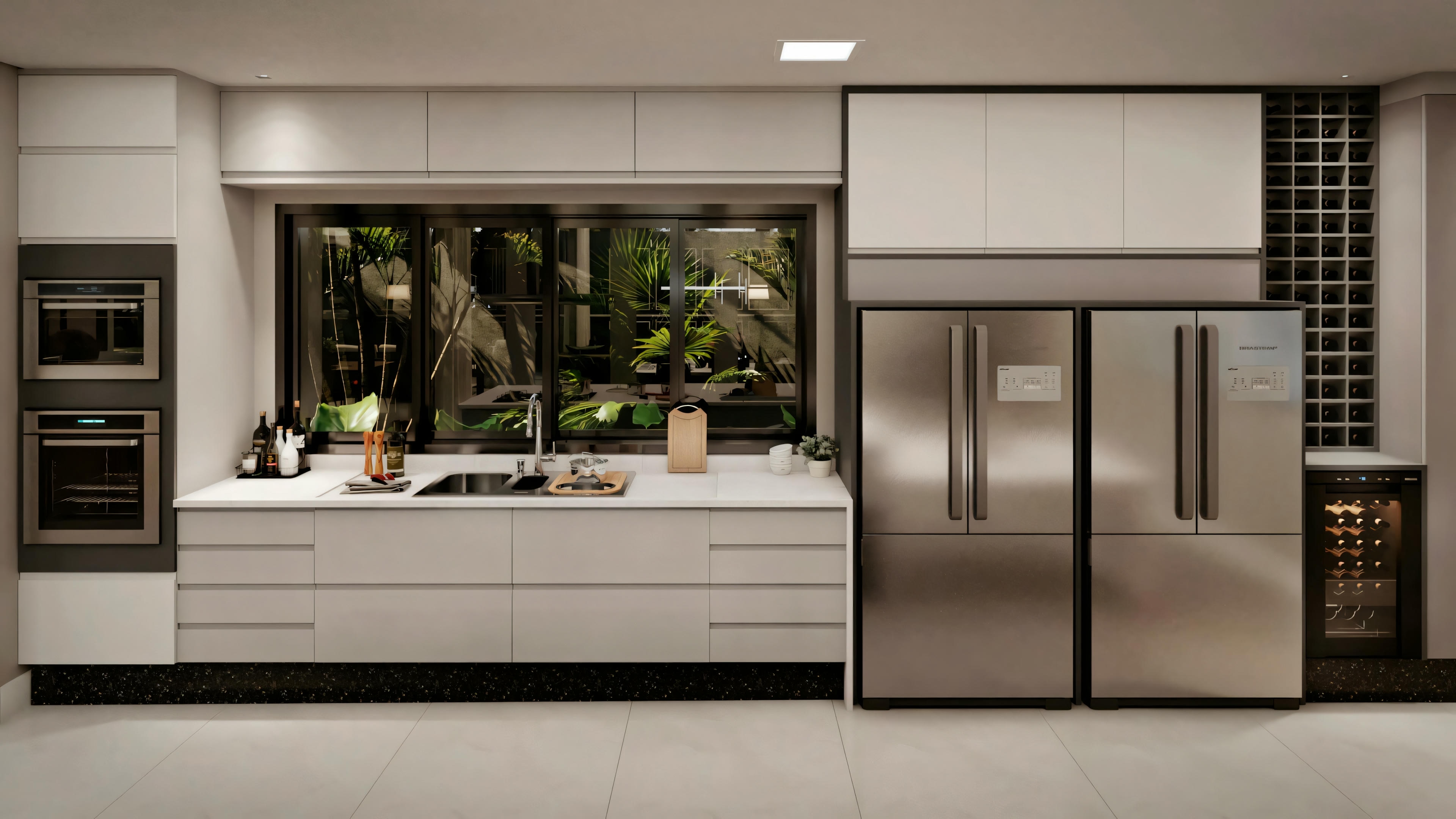 Cozinha moderna com ilha e banquetas.