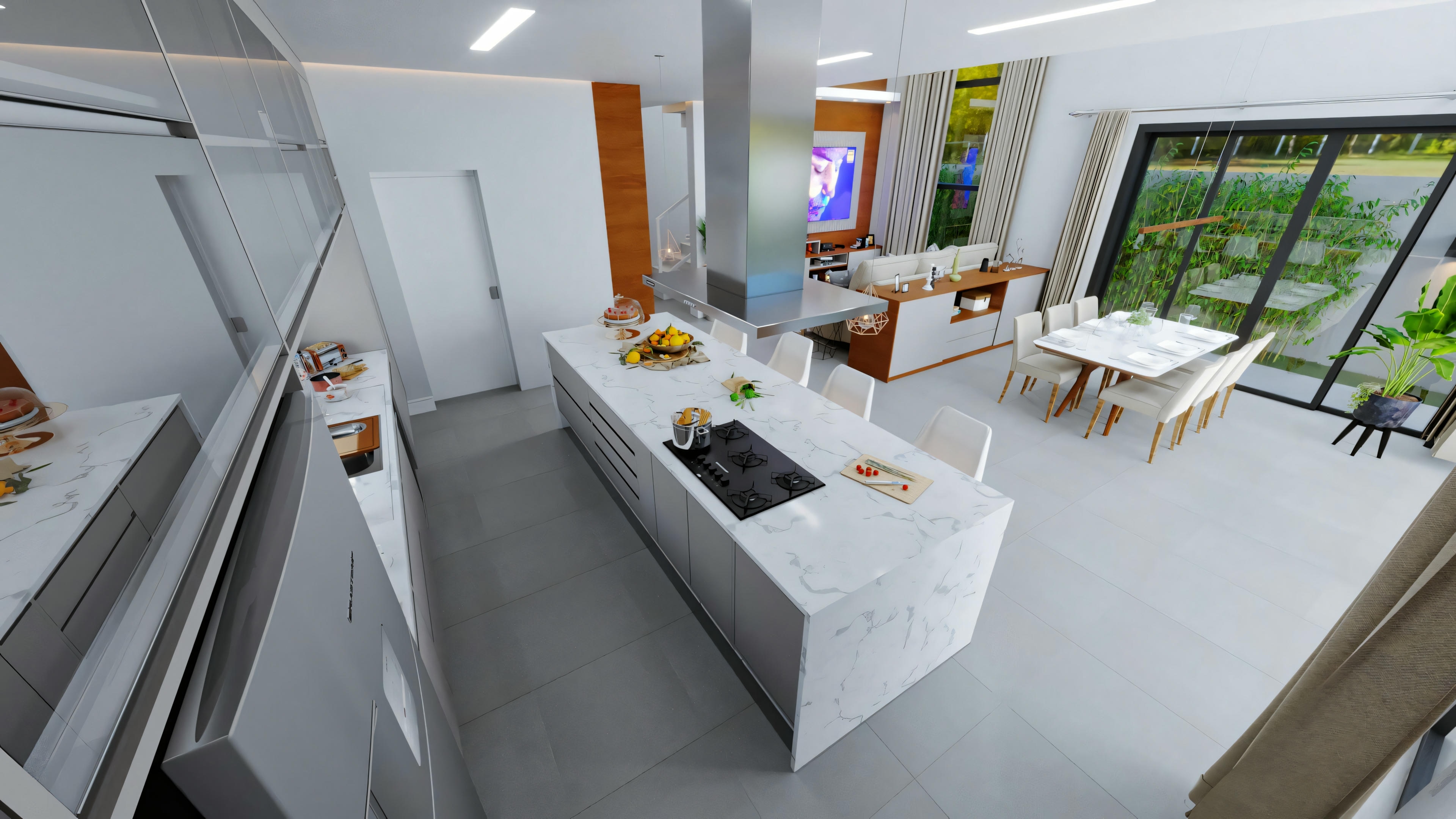 Outra vista da mesma cozinha com espaço de convivência adicional visível ao fundo.