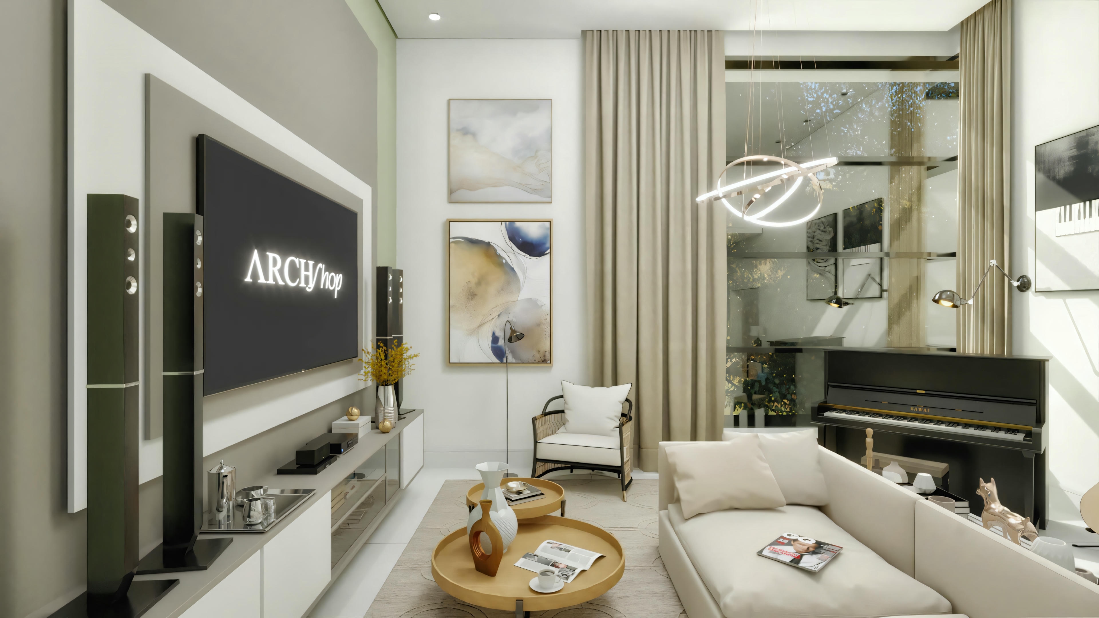Cozy living room with a sofa, chairs, and a wall-mounted television.