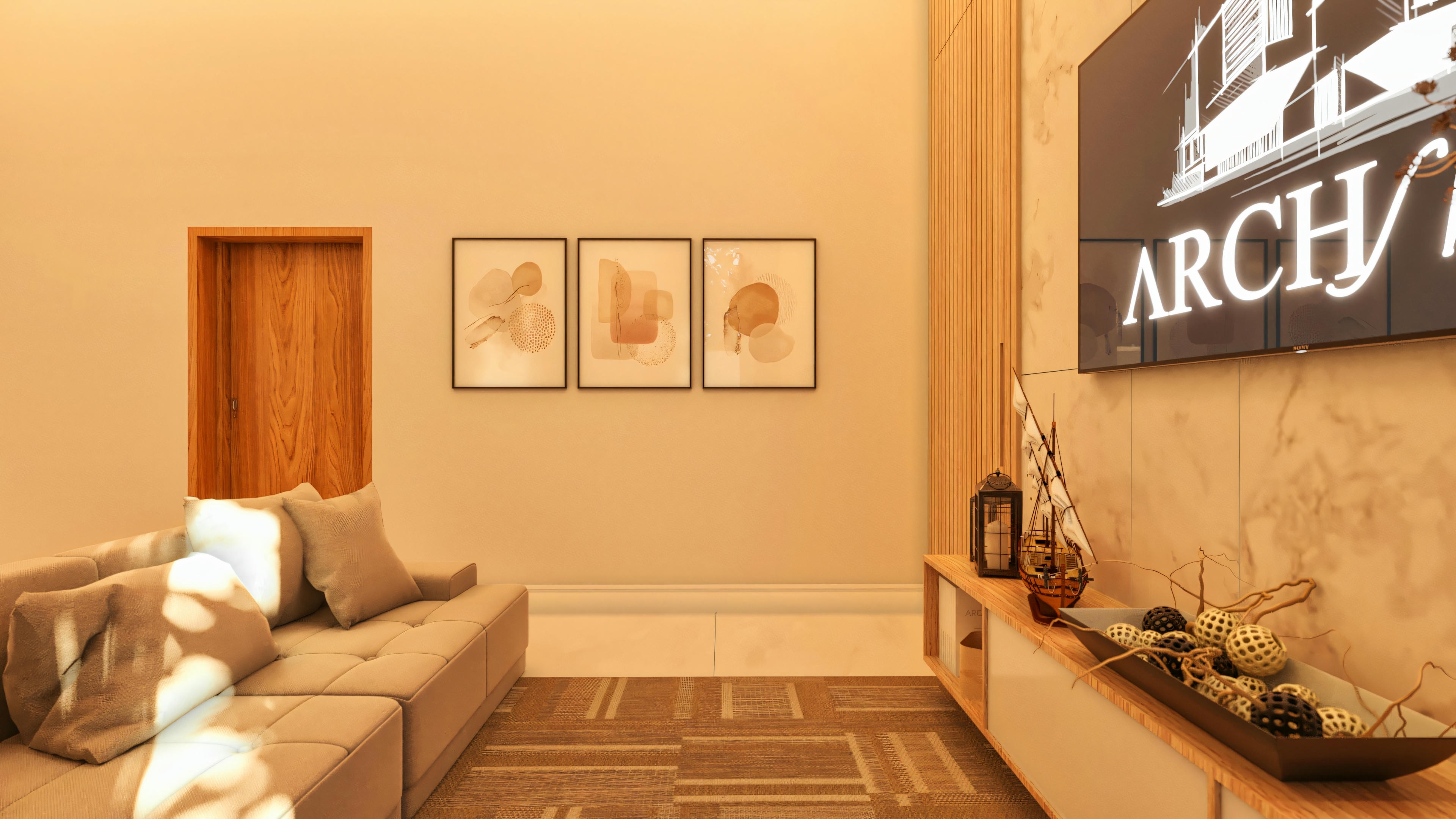 Decoração da sala de estar em casa moderna de 3 quartos, sendo 2 suítes. Visão do sofá, quadros na parede, porta de acesso e painel de TV com revestimento e marcenaria.