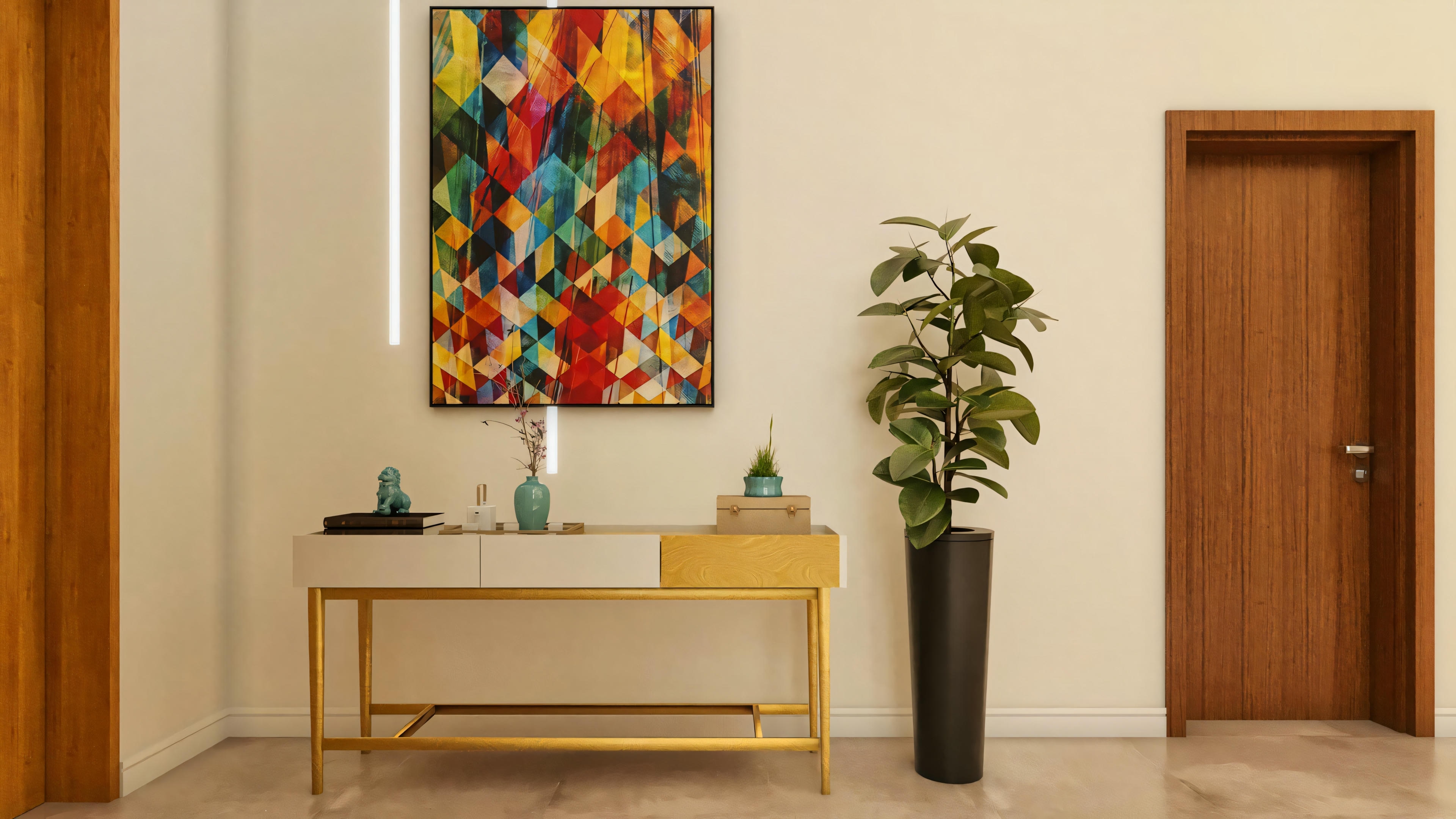 Detalle de la decoración del hall de entrada en proyecto de casa moderna. Consola con estructura dorada, cuadro abstracto colorido, planta y puerta en madera al fondo. Diseño de interiores contemporáneo.