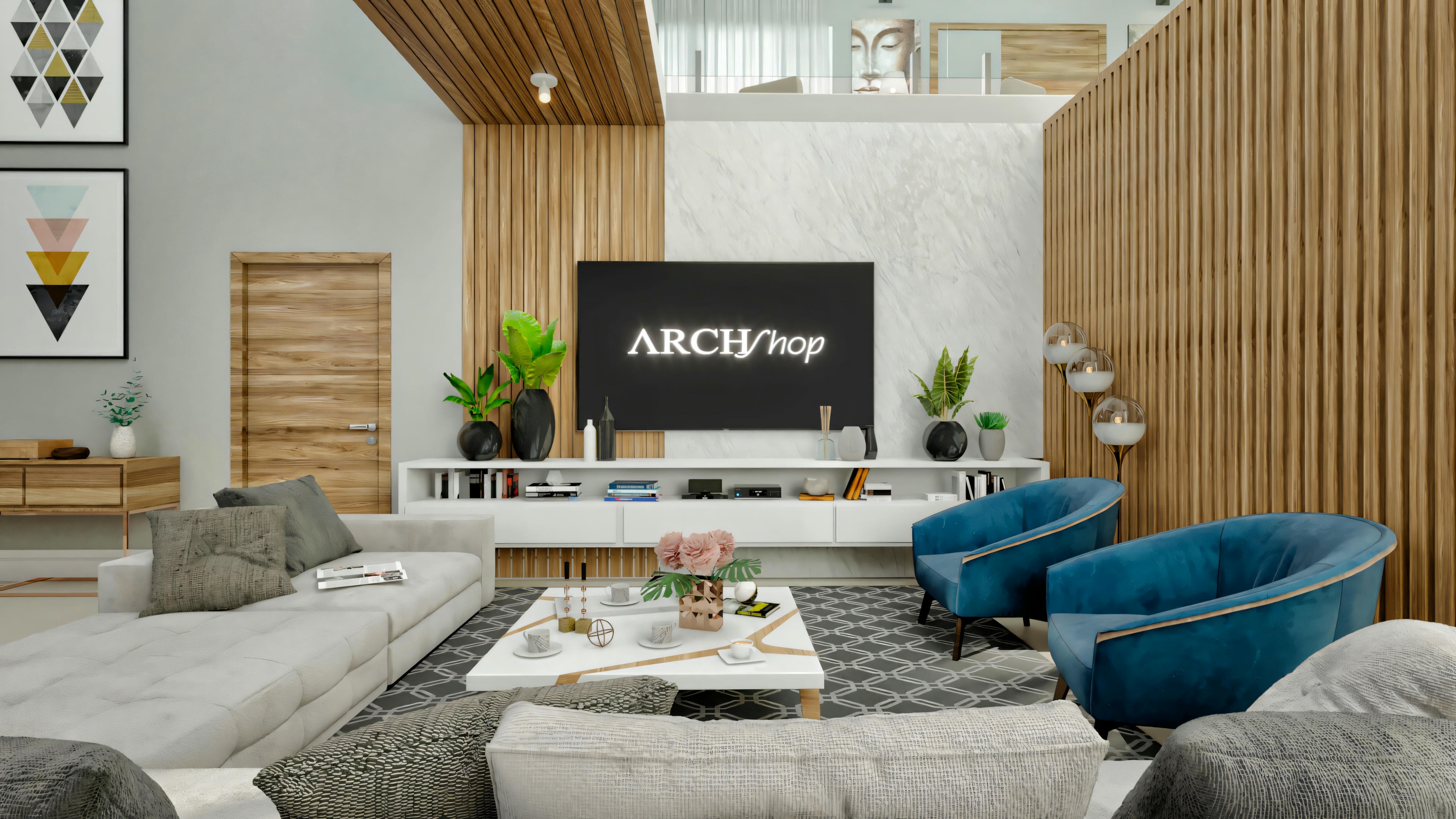 Decoración moderna de la sala de estar en casa neoclásica, con panel de TV combinando madera de listones y placa clara, mueble bajo blanco y sillones azules.