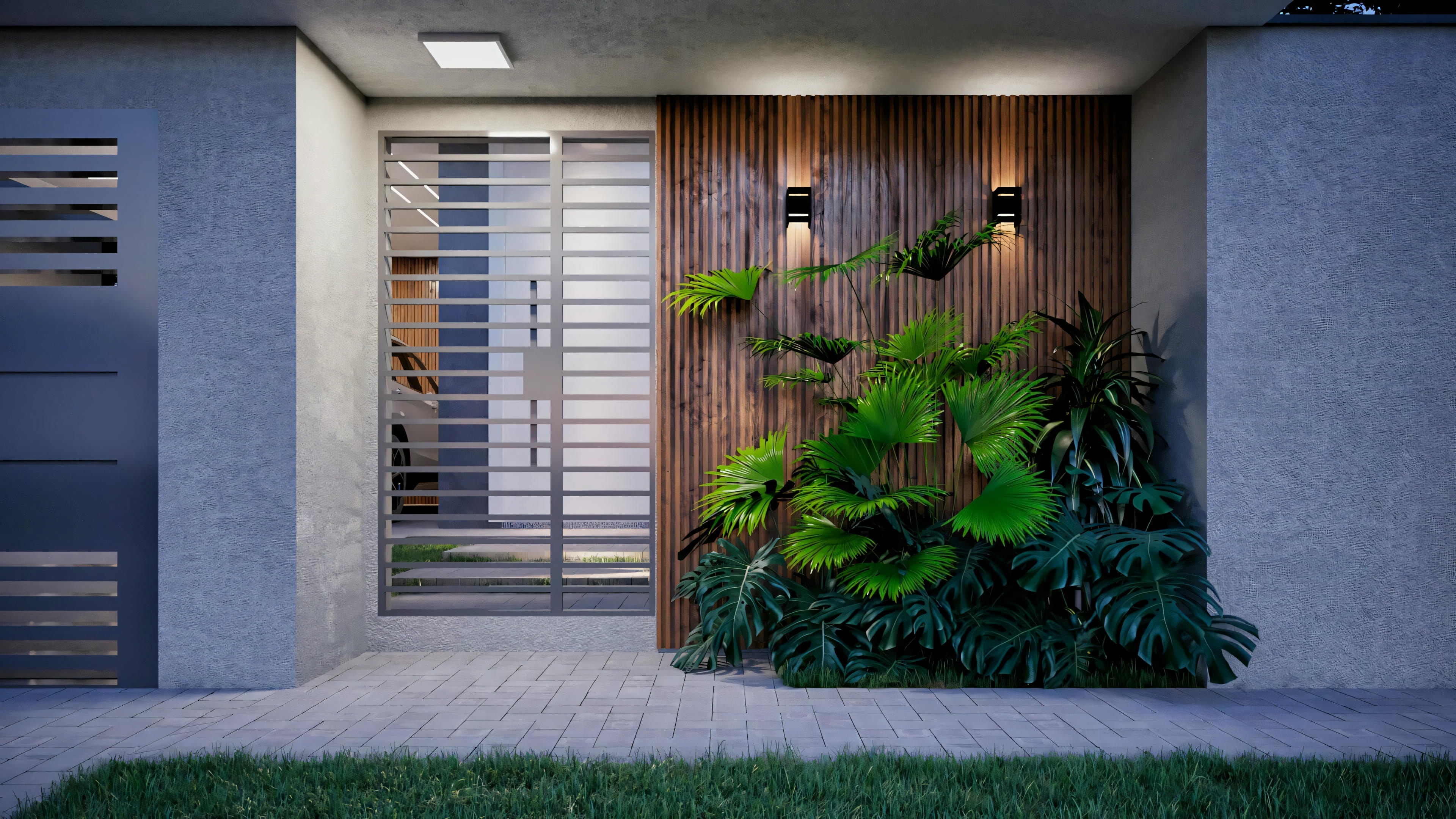 Detalhe noturno da entrada do projeto de casa moderna ArchShop com 3 suítes e piscina. Paisagismo com jardim vertical iluminado por arandelas sobre painel de madeira ripada. Arquitetura residencial contemporânea com 250.56m².