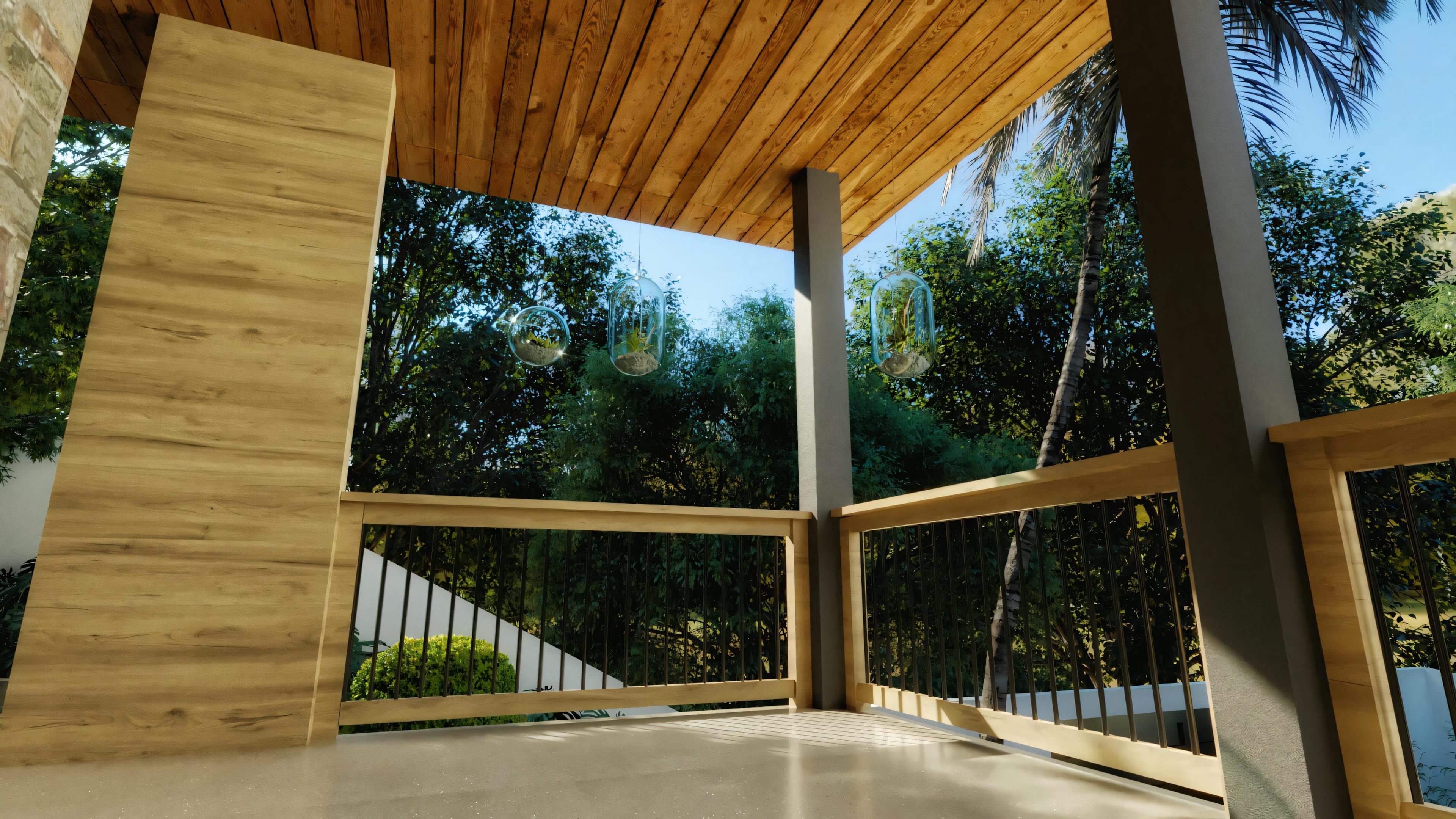 Close-up da varanda de casa de campo com acabamento em madeira no teto e guarda-corpo, além de detalhes decorativos suspensos.
