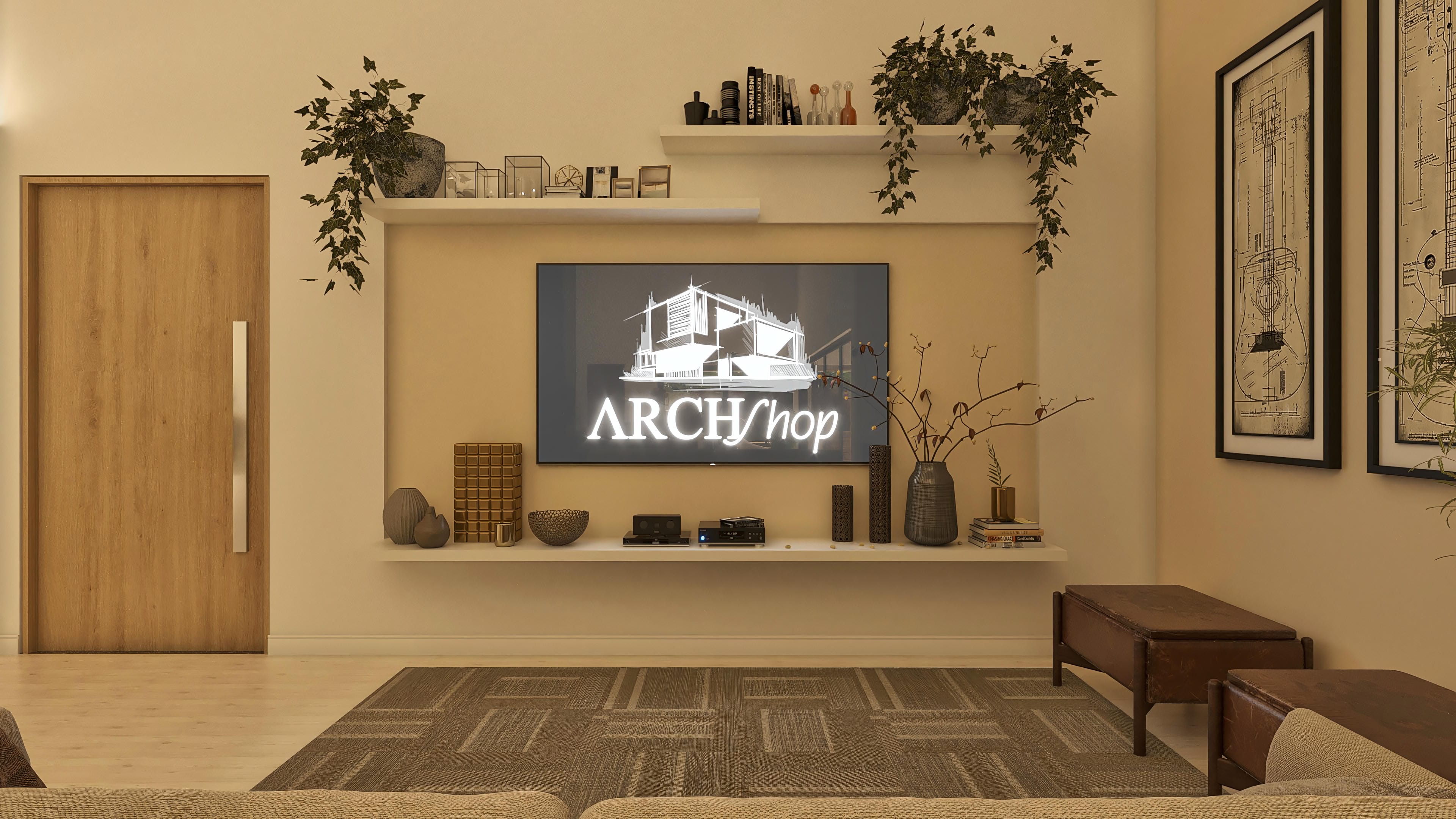 Interior de sala com porta de madeira maciça com puxador moderno, estantes minimalistas com objetos decorativos e plantas, painel de TV e piso laminado.