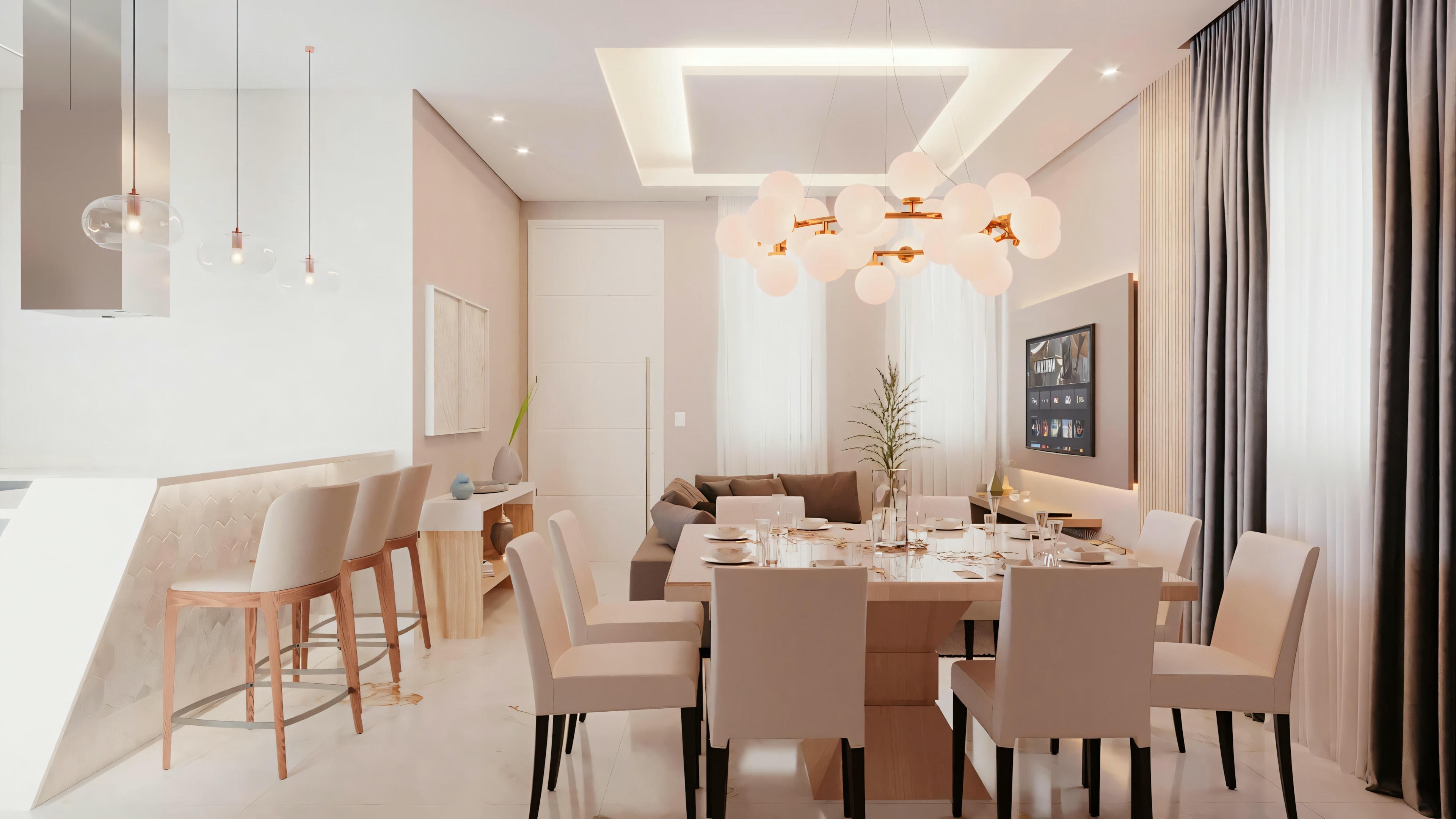 A dining area with a table for six and pendant lights above.