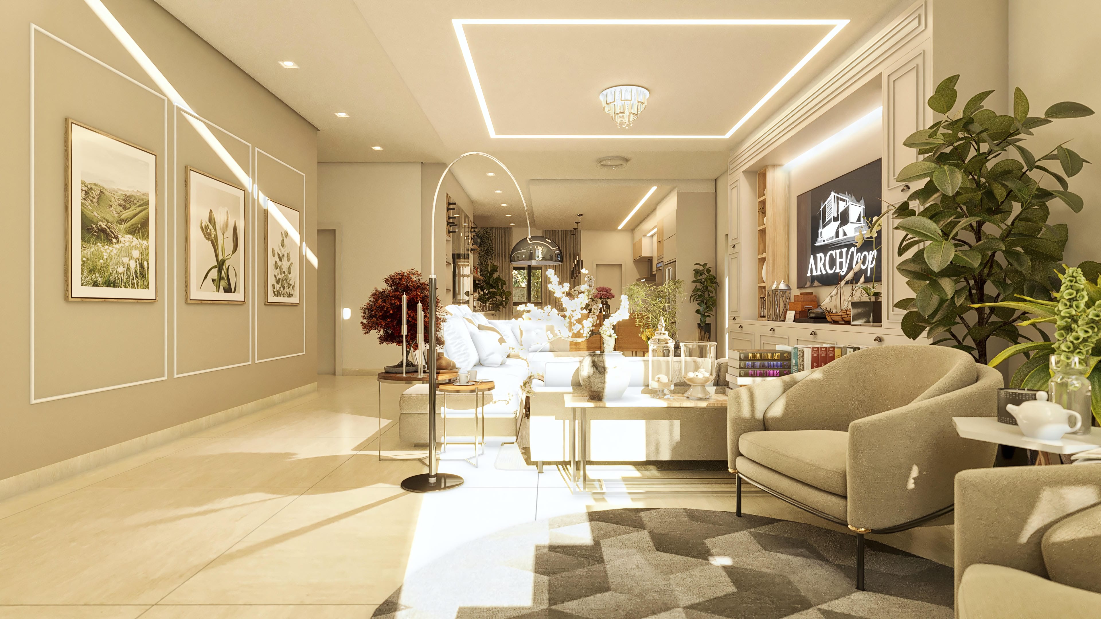 Interior of a two-story house with classic lines in moldings on the walls and ceiling, recessed lighting and a modern pendant, elegant furniture, and decorative objects.
