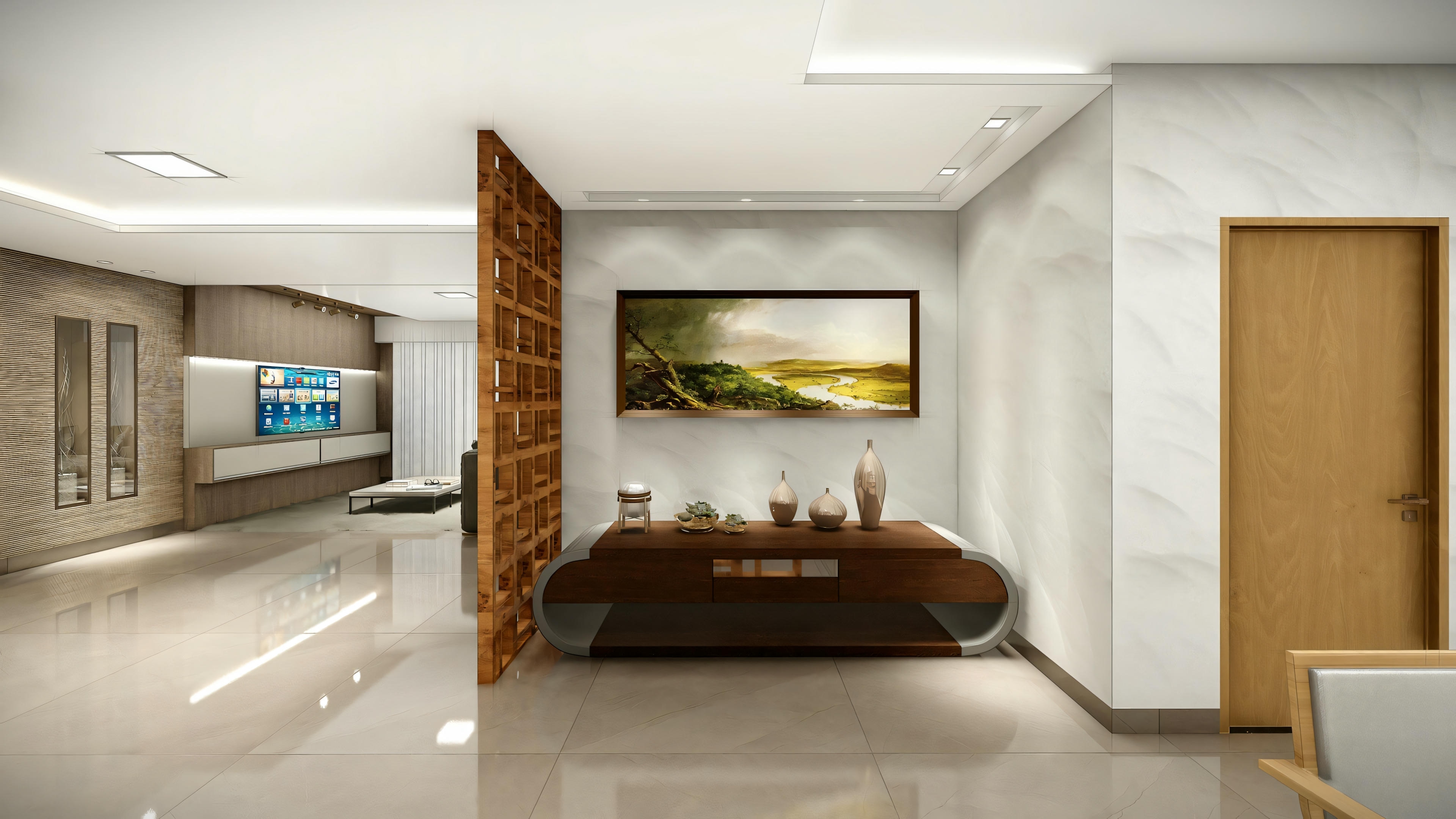 Elegant hallway leading to a living room, with a curved wooden structure on one side and art on the opposite wall.
