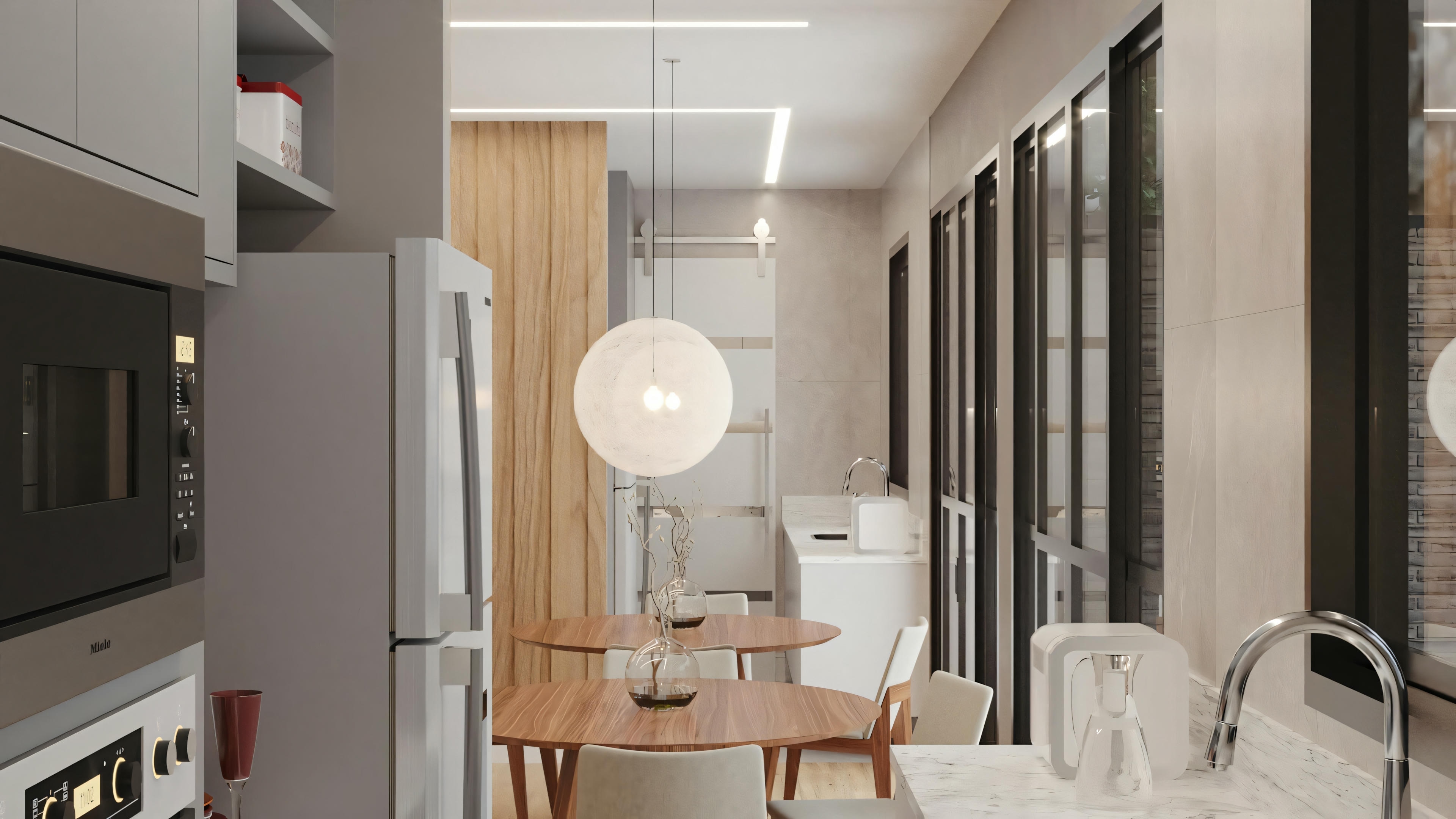Entrada moderna con espejo redondo y mesa lateral, que conduce a un área de estar con asientos y elementos decorativos.
