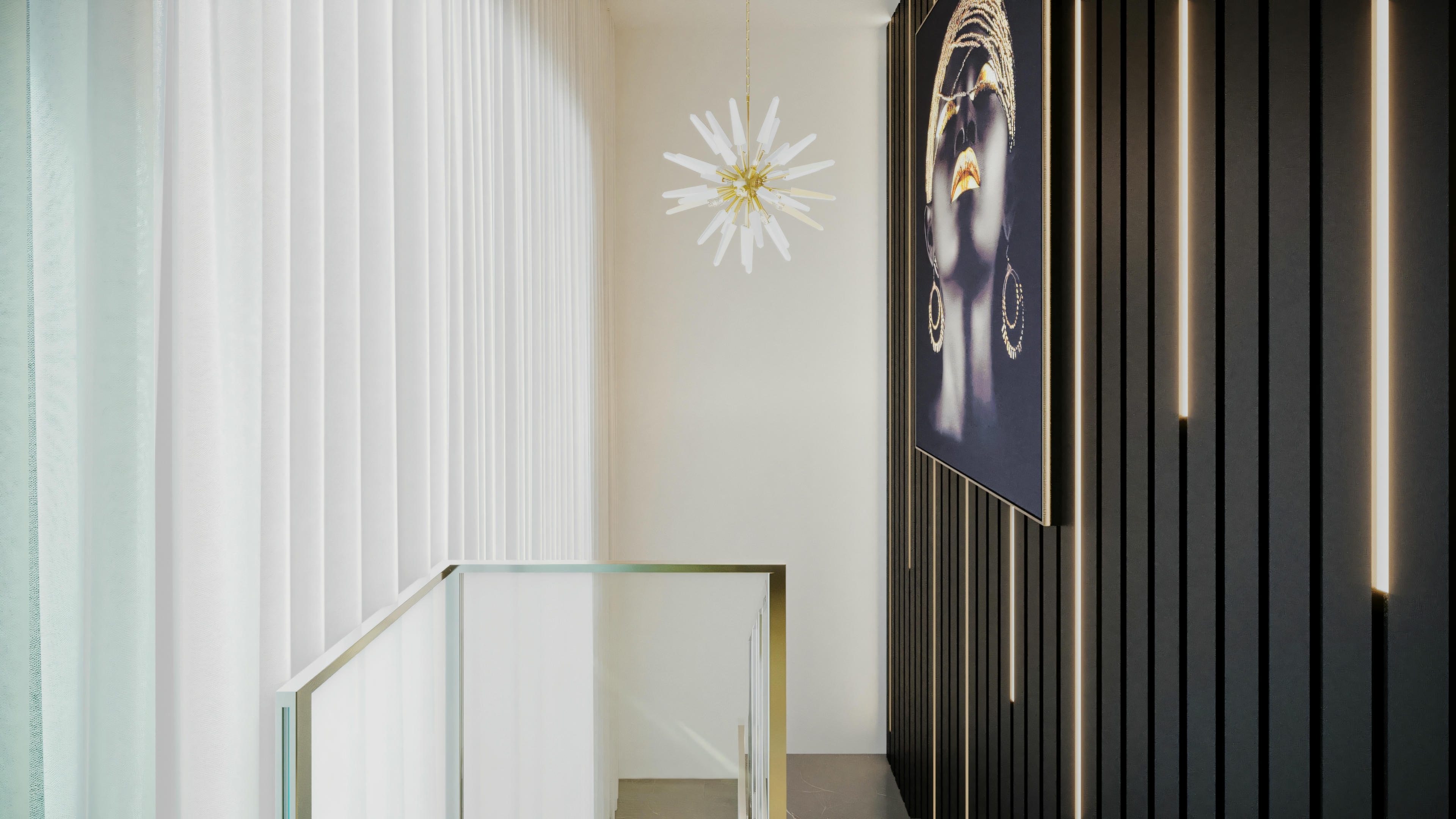 Diseño de la escalera y hall en casa de lujo con 3 suites, piscina y zona gourmet. La imagen muestra el barandal de vidrio, pared con revestimiento en panel listonado iluminado y arte, lámpara moderna y cortinas del suelo al techo, reflejando la sofisticación del proyecto de 335.08m², que incluye también oficina.