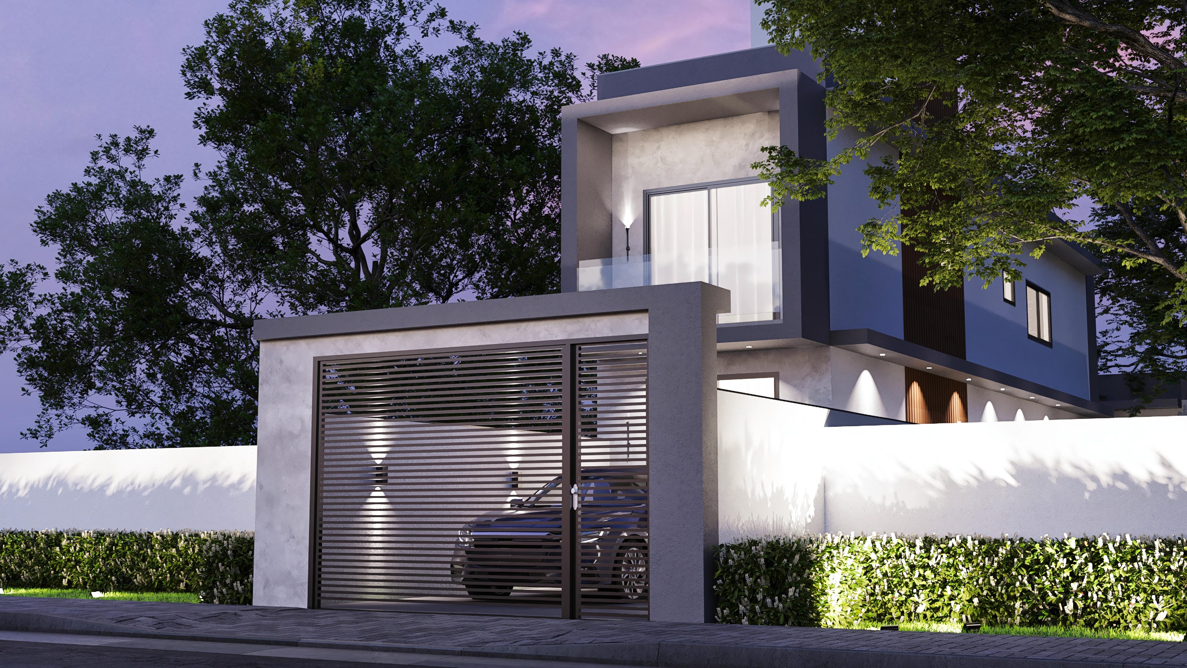 Modern facade of a 5m wide two-story house, highlighting exposed concrete volumes, wood details, and large glass windows. The project includes a gourmet area integrated into the garage.