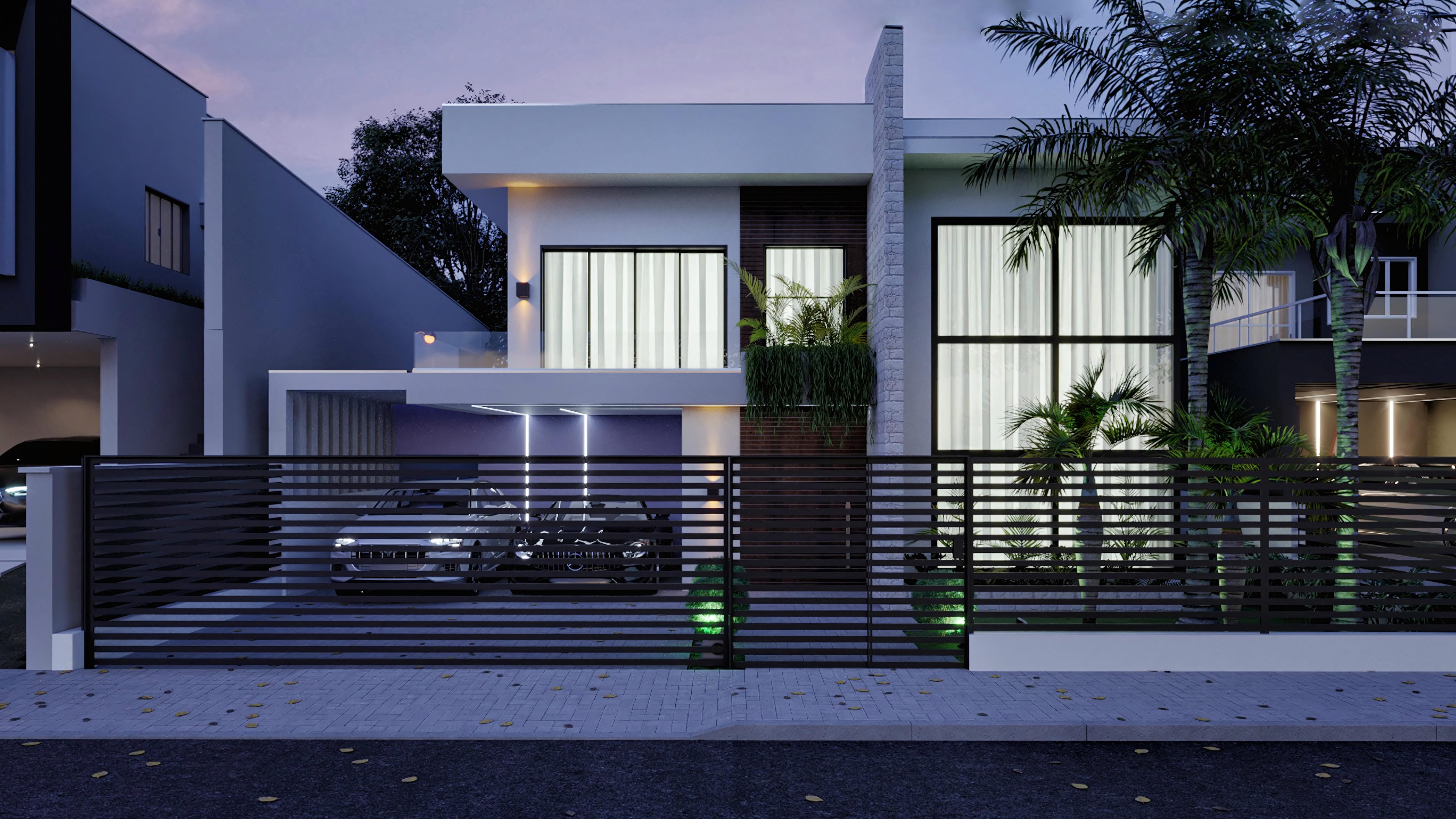 Fachada moderna de casa de dos plantas con líneas rectas, grandes ventanales y detalles en piedra, integrándose a la zona exterior con paisajismo y piscina.