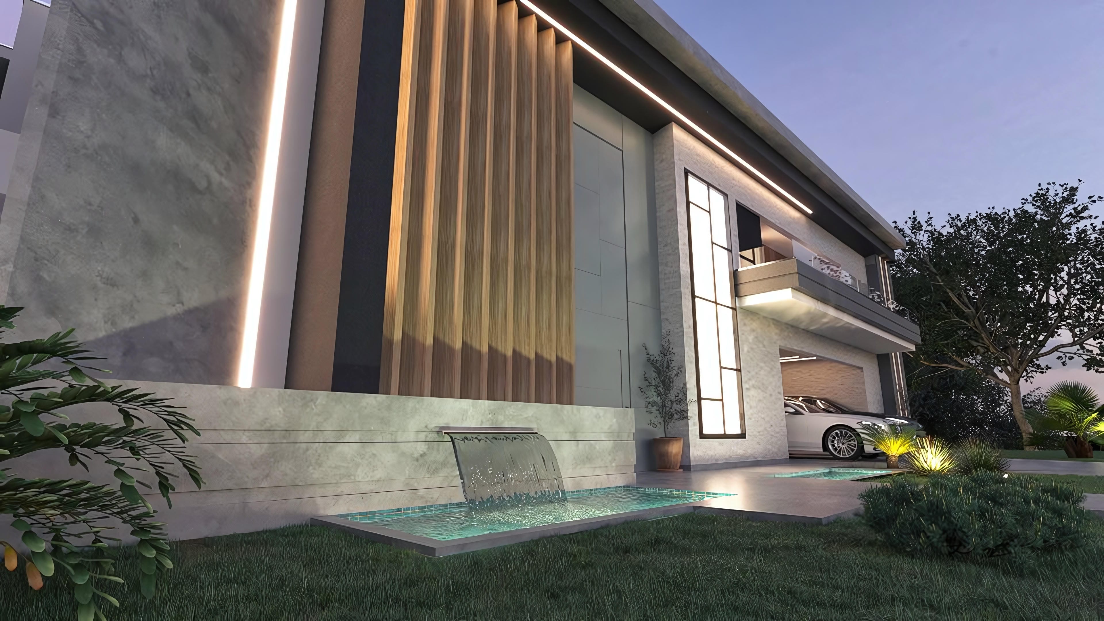 Fachada imponente de casa de dos plantas moderna con revestimientos texturizados en hormigón y madera, amplios ventanales con iluminación LED y cascada ornamental integrando la piscina y el área exterior.