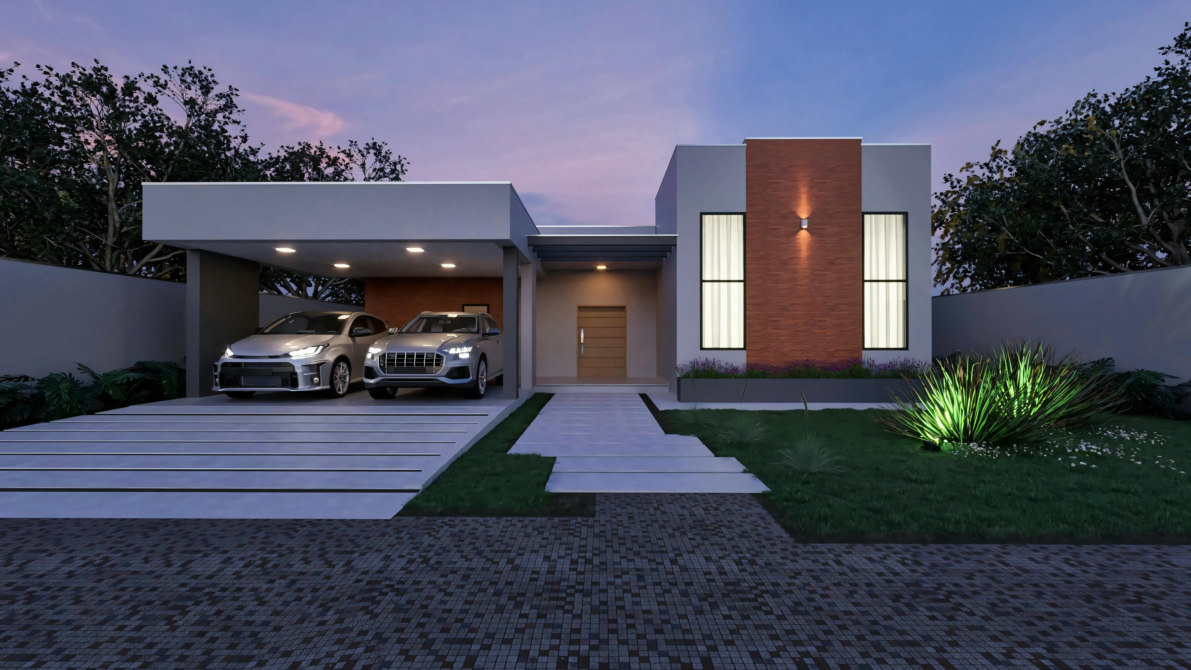 Vista nocturna de la fachada de casa de planta baja moderna con 3 suites; proyecto con 276.43m² mostrando iluminación interna y externa, garaje y paisajismo.