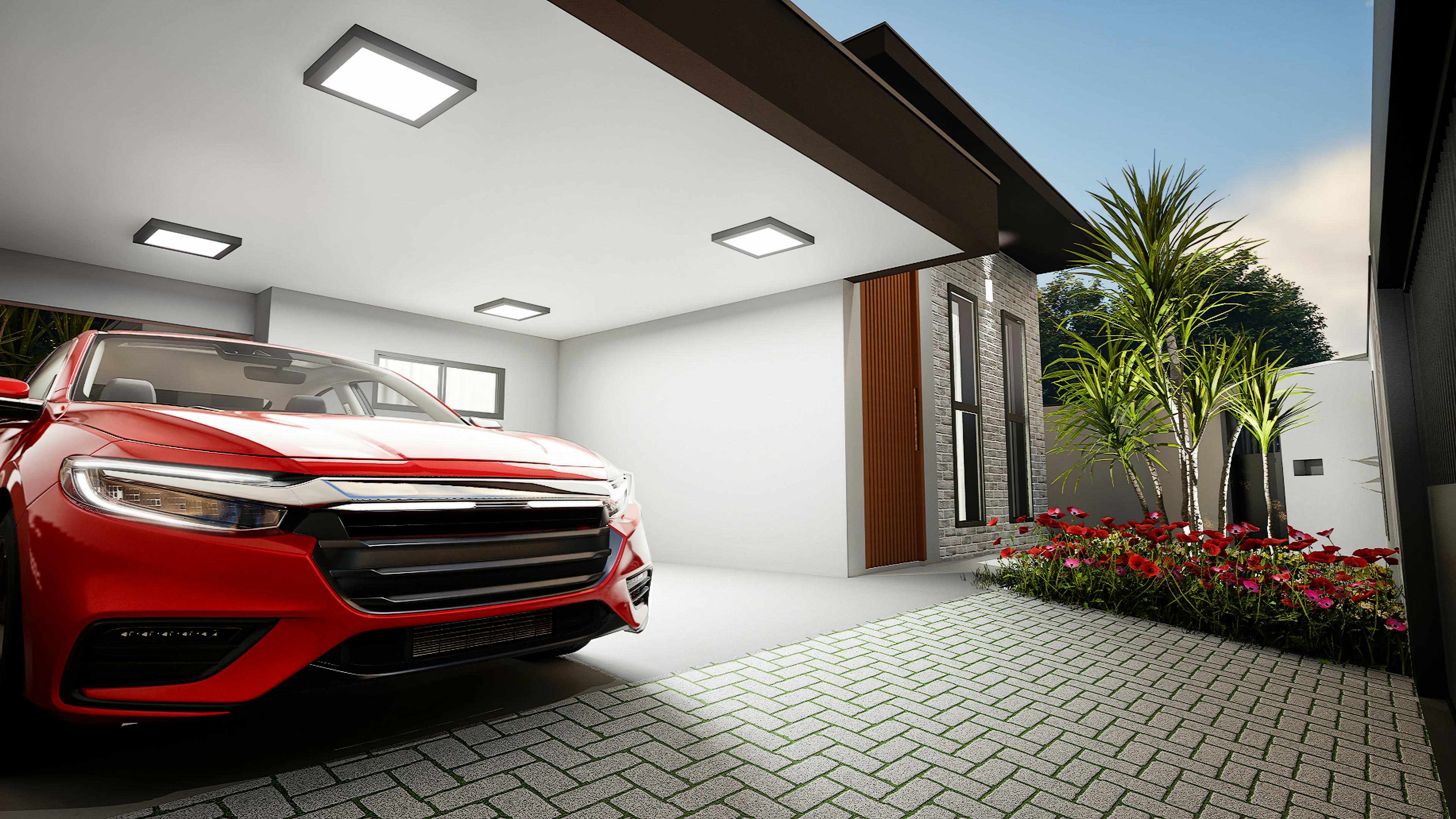 Un espacio de garaje interior moderno con un auto rojo estacionado.