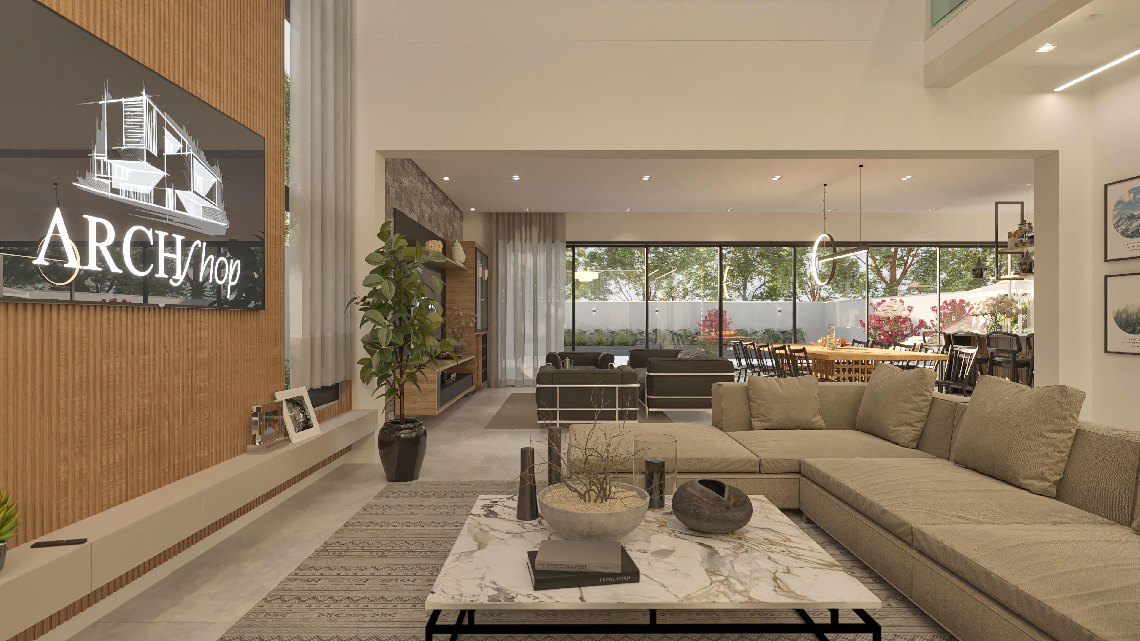Modern and spacious interior with large open-concept living room, beige modular sofa, and marble coffee table. Wood details and built-in lighting.