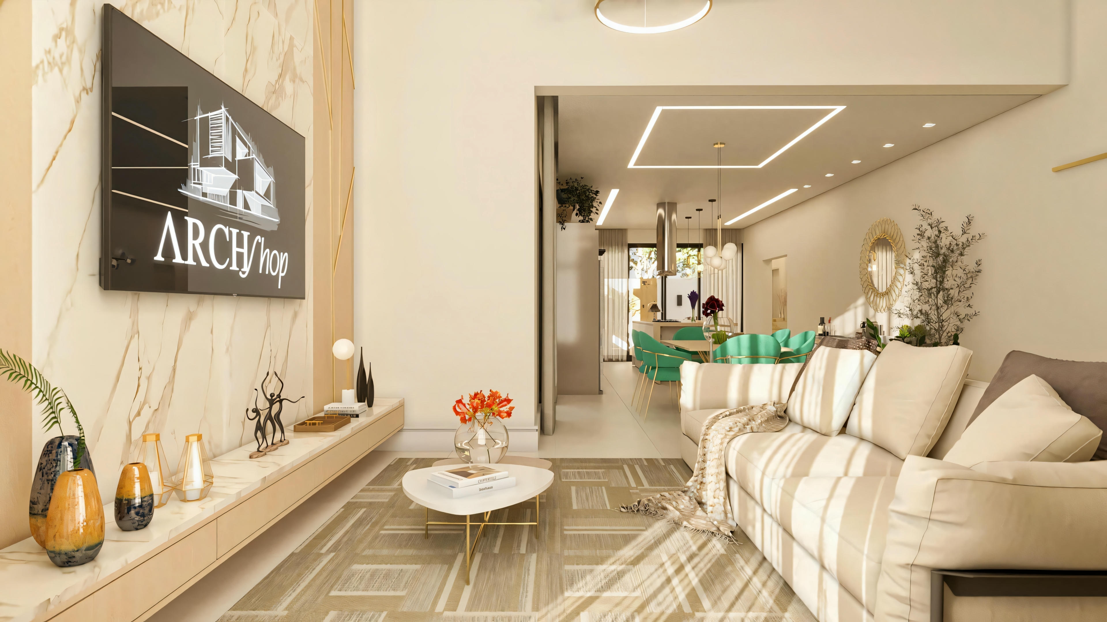 Wide internal view of a ranch house with 3 bedrooms (3 suites), showing the integrated living room with the dining room in the background. Highlight for the TV panel, sofa, decoration, and lighting project with LED profiles on the ceiling.