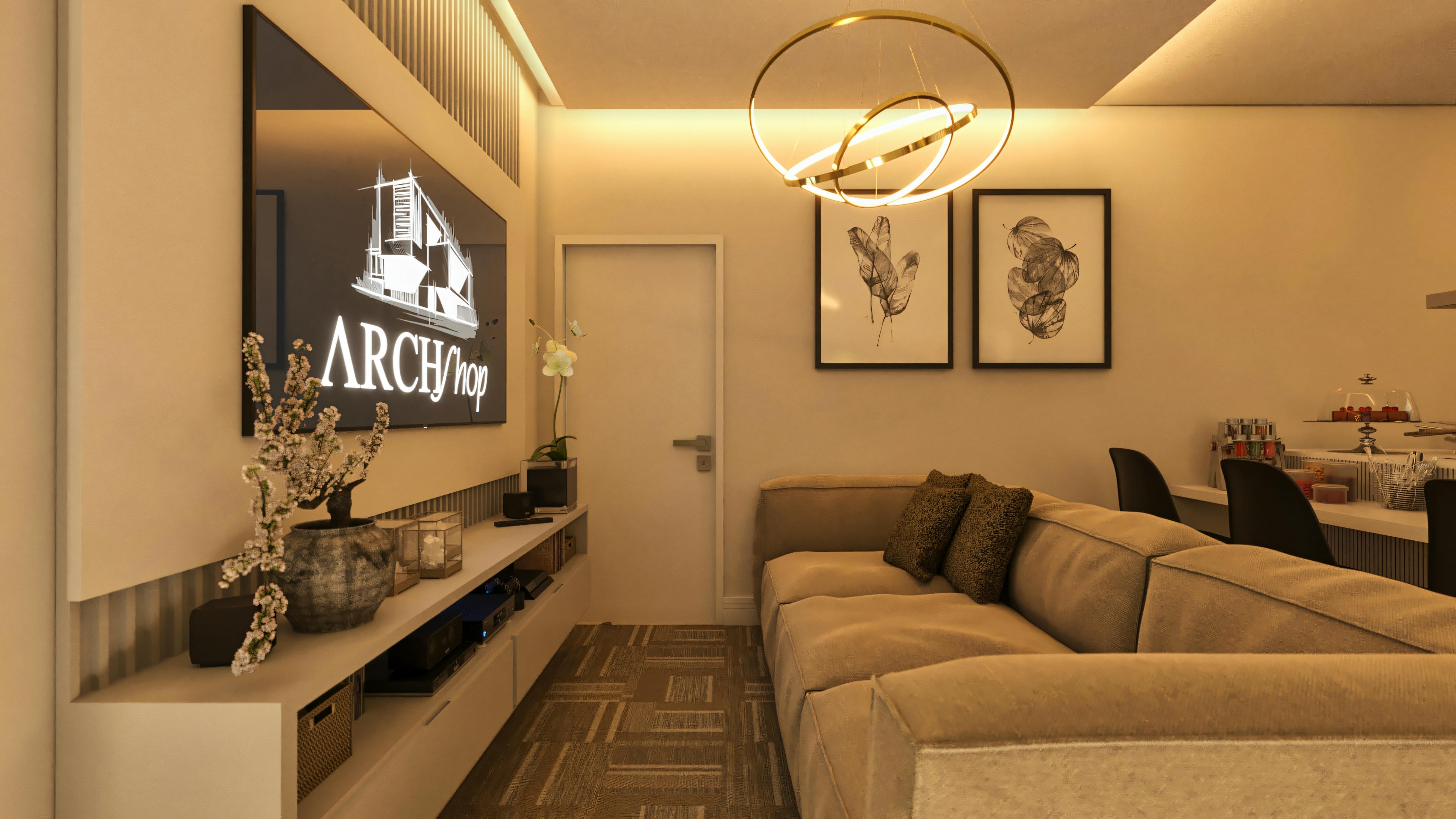 Design de interiores mostrando a sala de estar e jantar integradas em um sobrado moderno. Inclui sofá confortável, painel de TV ripado, iluminação pendente e área de jantar ao fundo. Parte de um projeto de 4 quartos (3 suítes).
