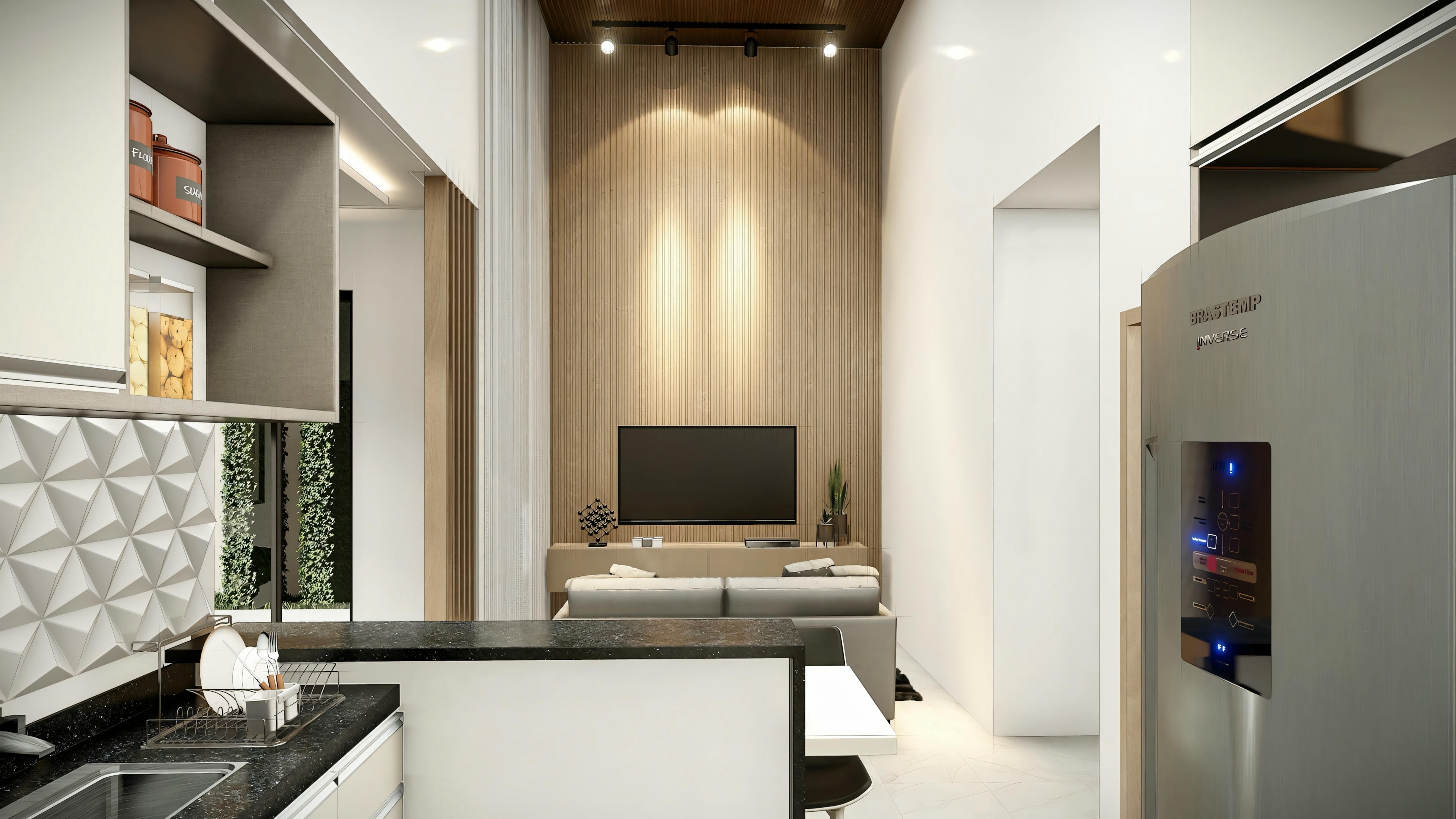 Kitchen with dark countertops and white cabinets.