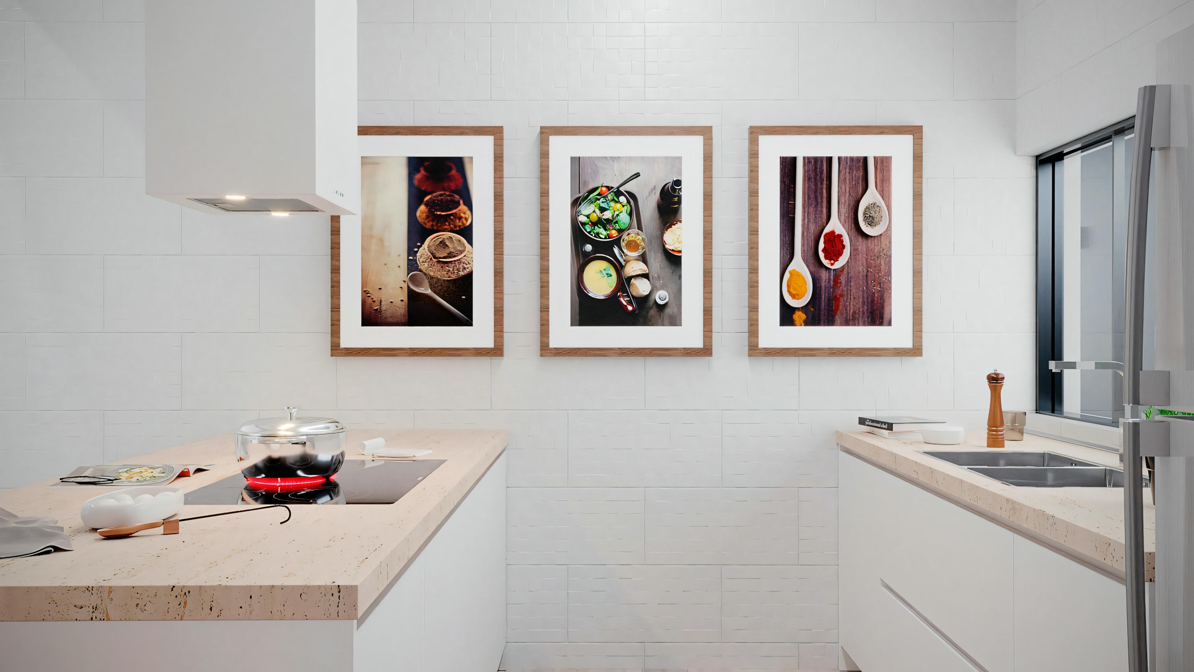 Kitchen with modern appliances and art on the wall.