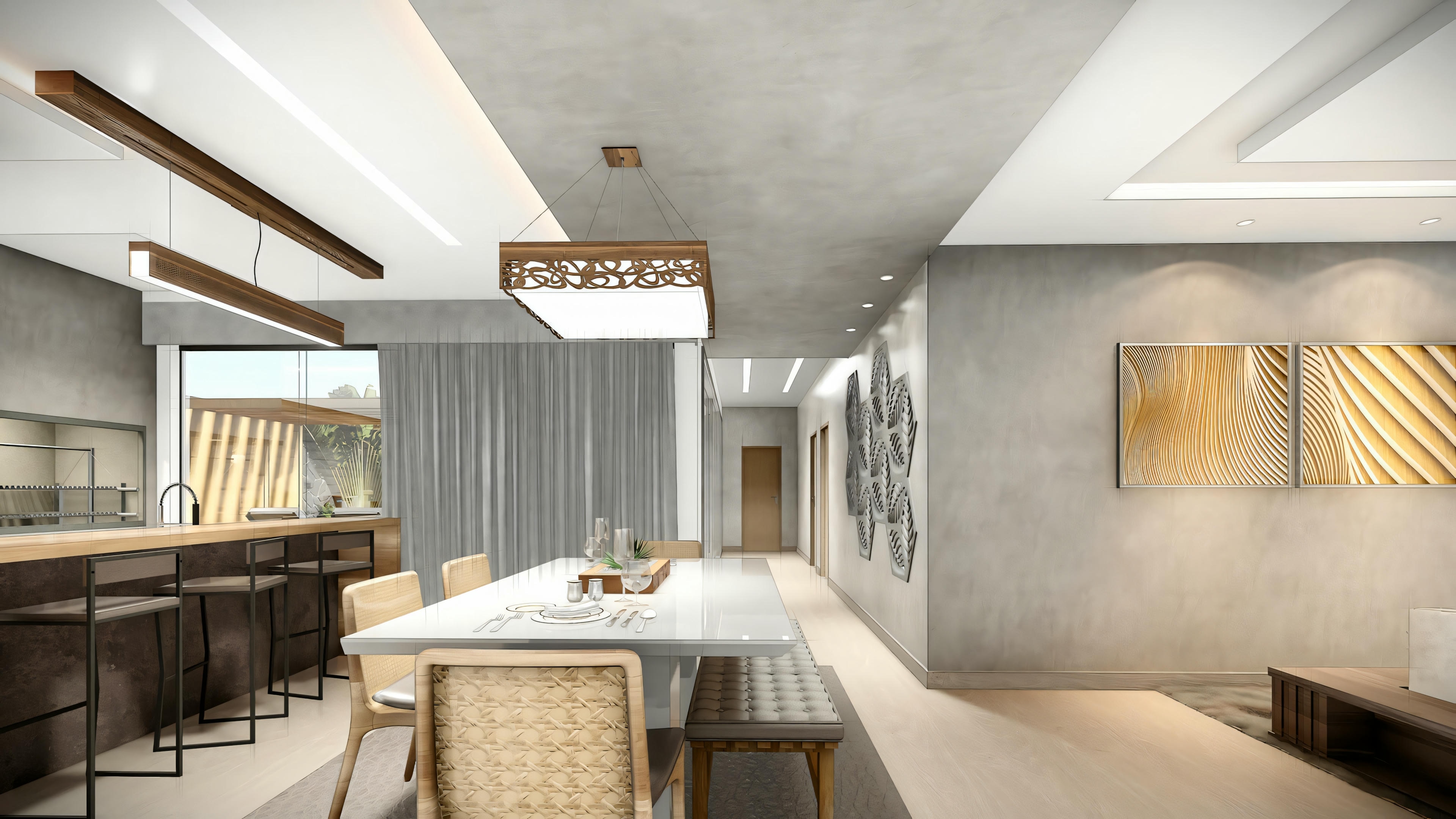 Kitchen with a central island, stools, and built-in cabinets, decorated with neutral colors and wood details.