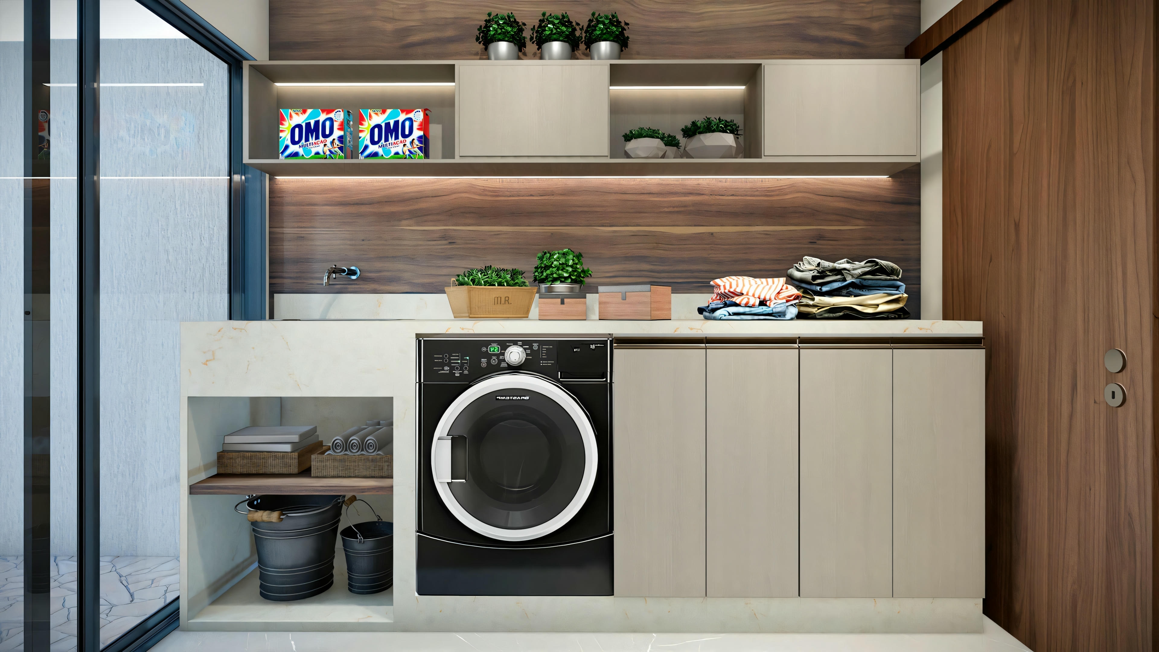 A laundry room with a washing machine and shelving units.