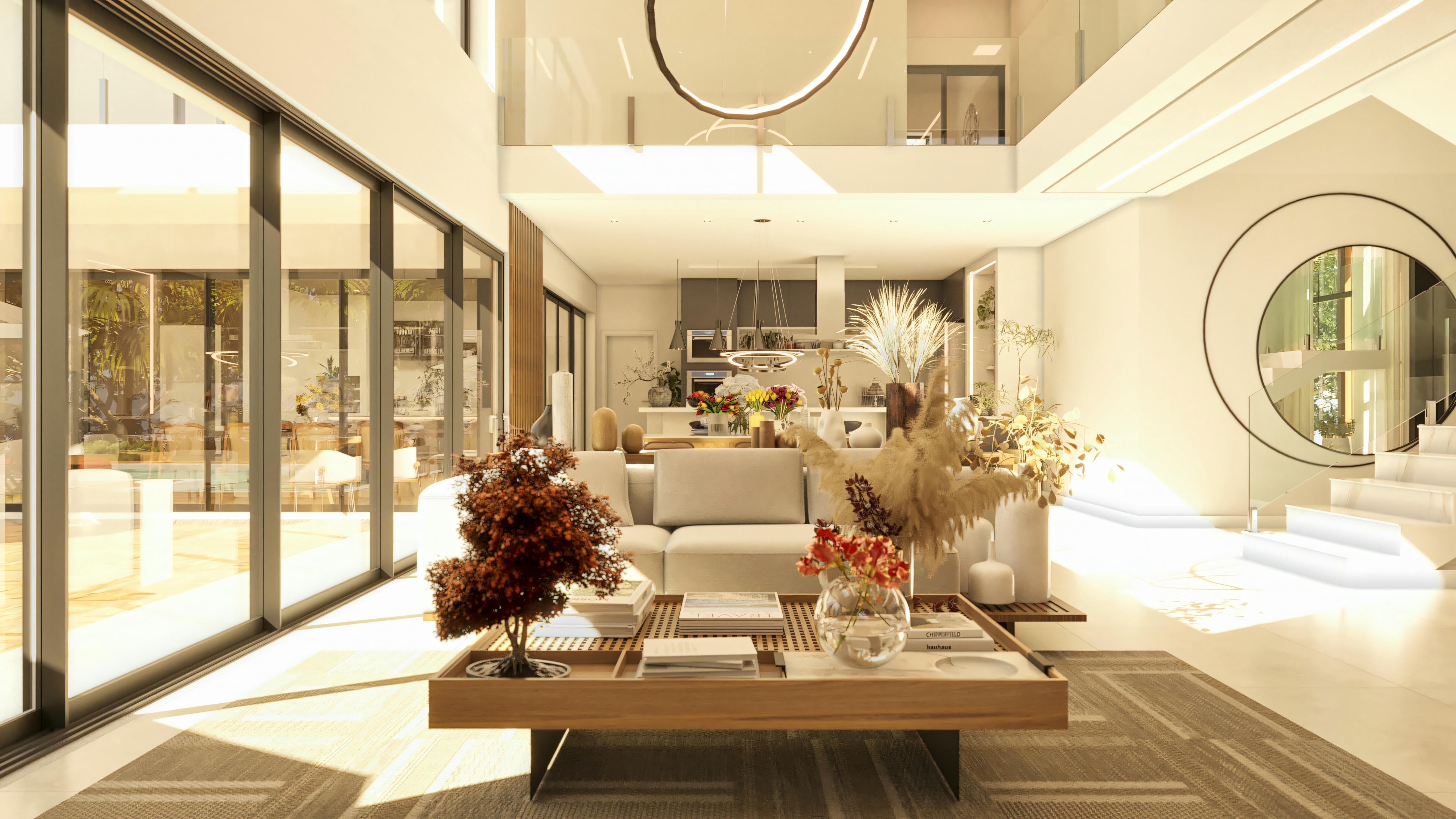 Living room with double-height ceiling.
