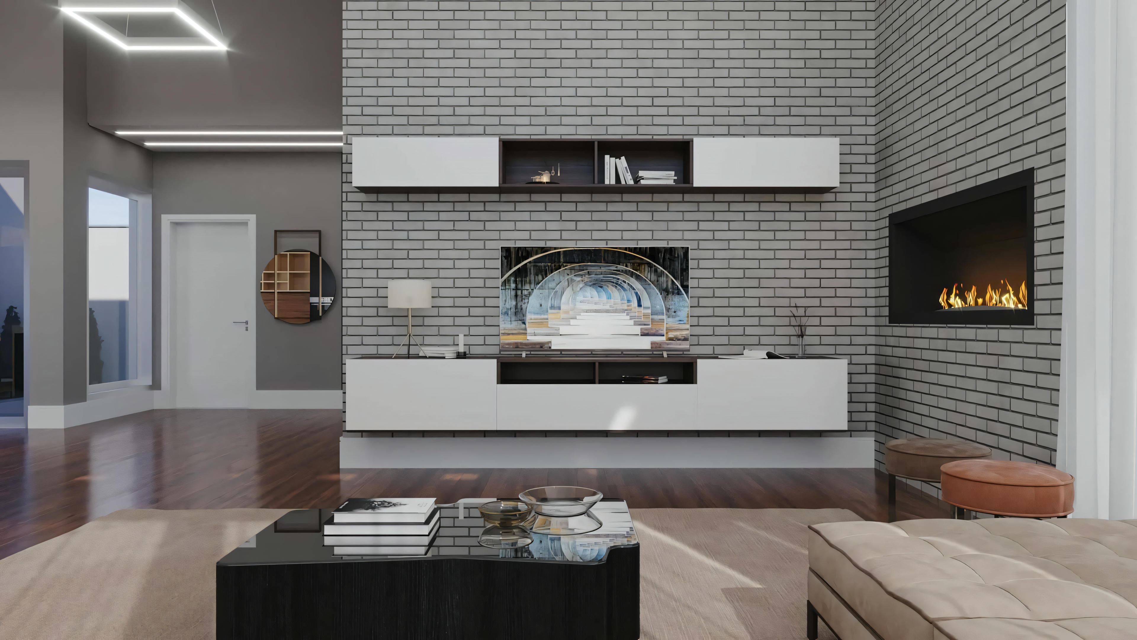 Living room with modern fireplace and television or artwork embedded in the wall above.