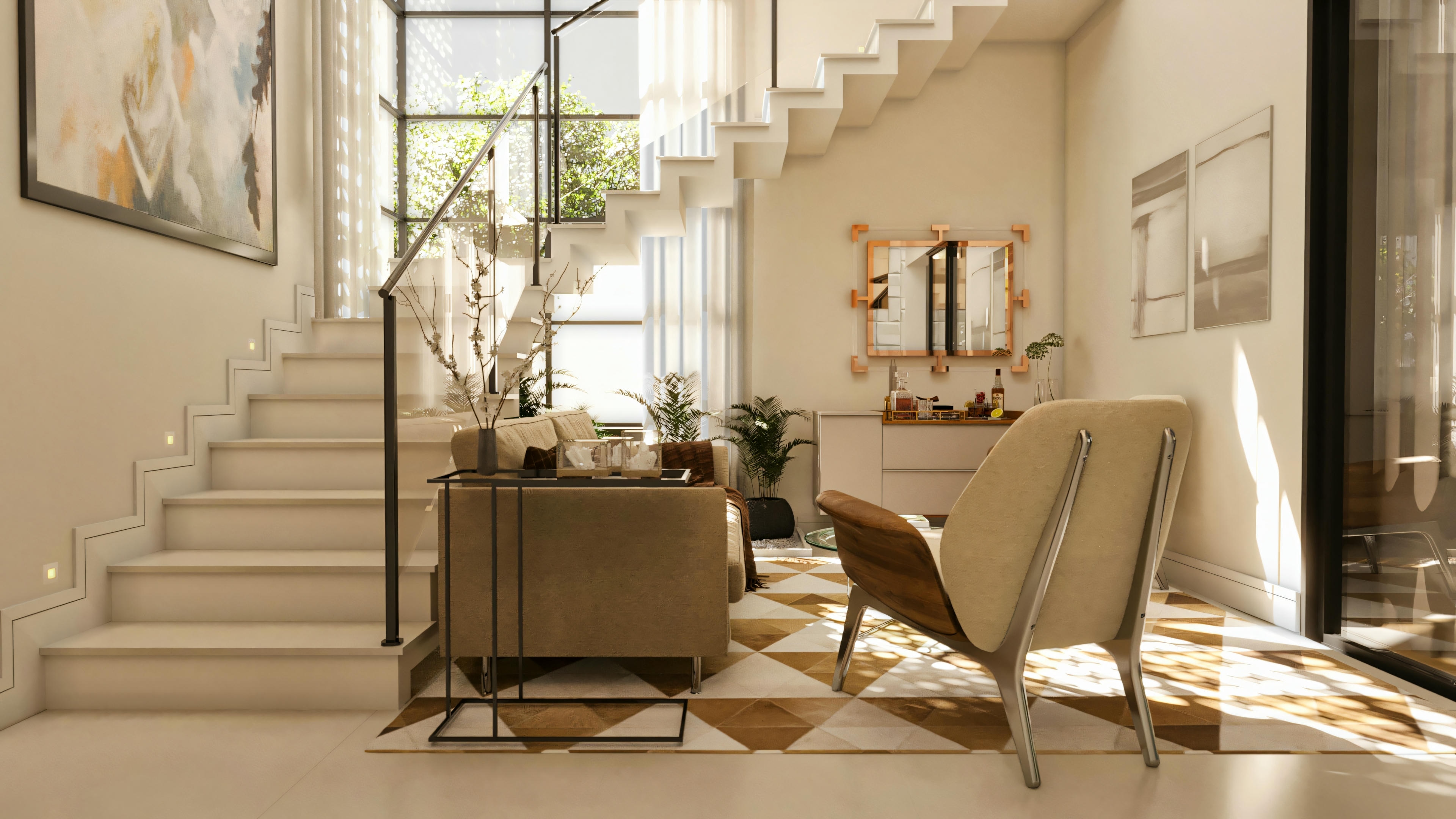 Living room in a modern 394.84sqm house project, 4 suites, and pool. Highlight for the white staircase with black metal railing, positioned in front of a large window ensuring excellent natural lighting for the ambiance with geometric floor, designer armchair, and a bar/sideboard area.