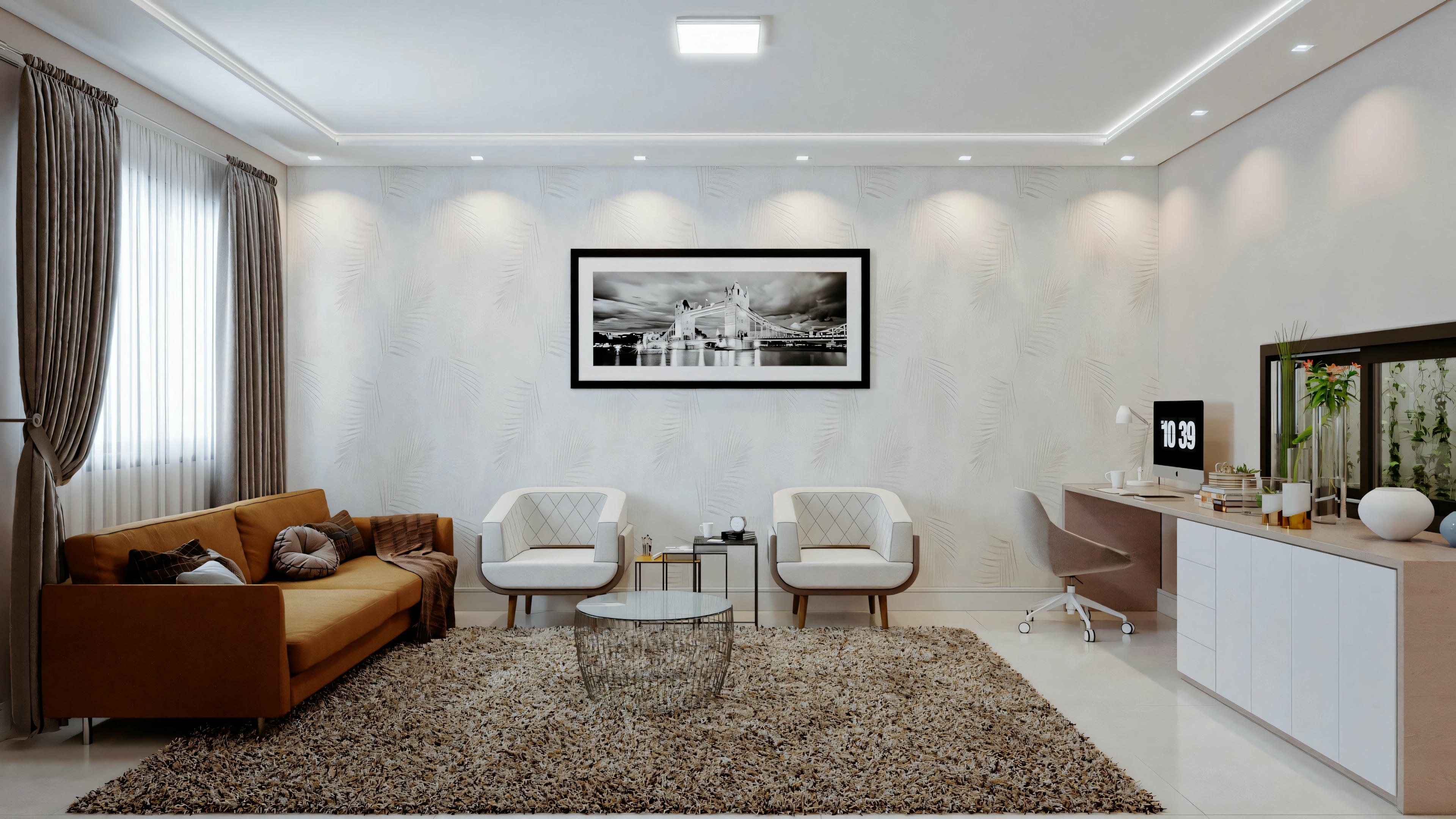 A living room with two sofas, an armchair, and a coffee table on a rug.