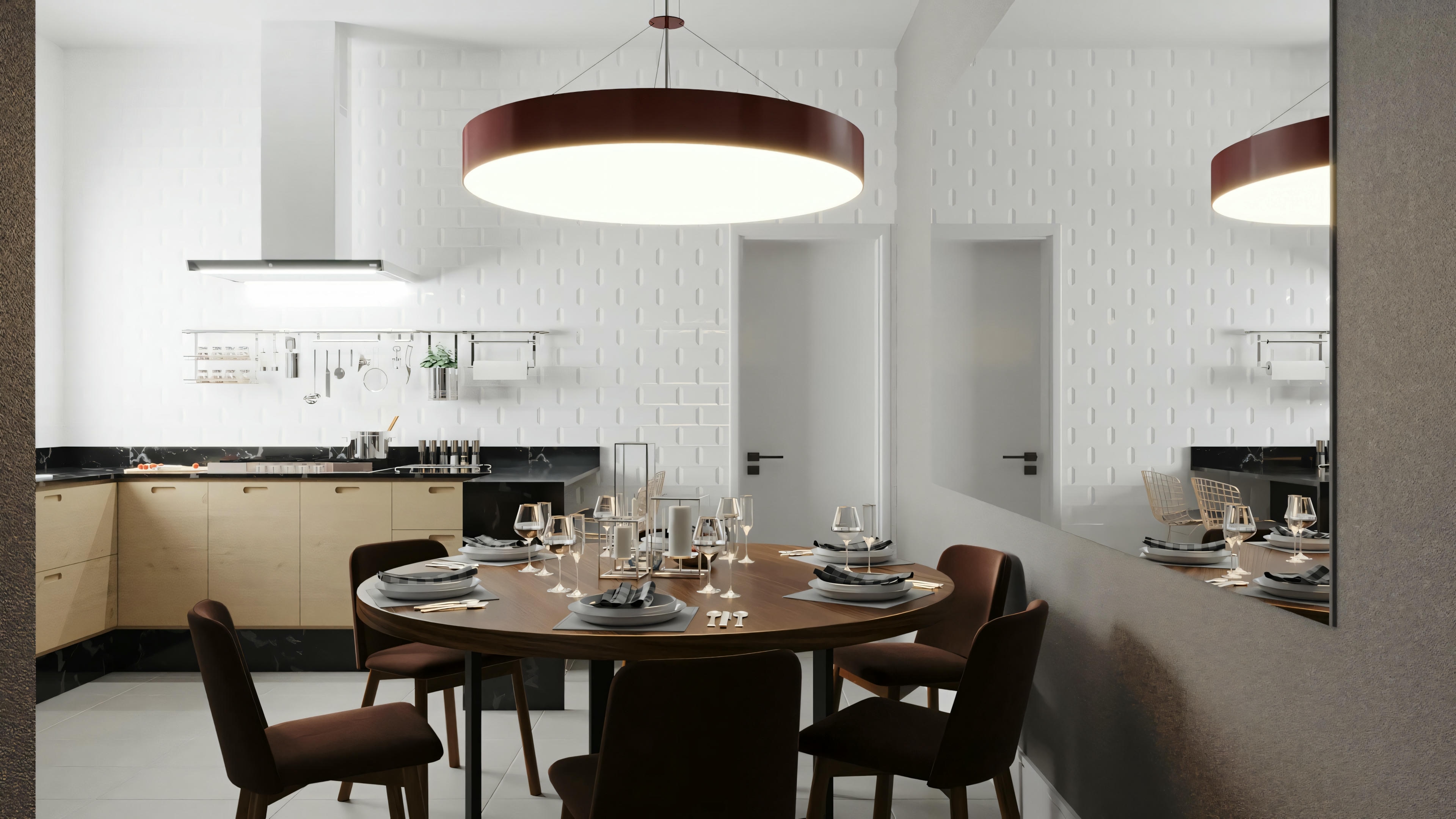 A dining area with a table set with plates, glasses, and napkins, ready for a meal.