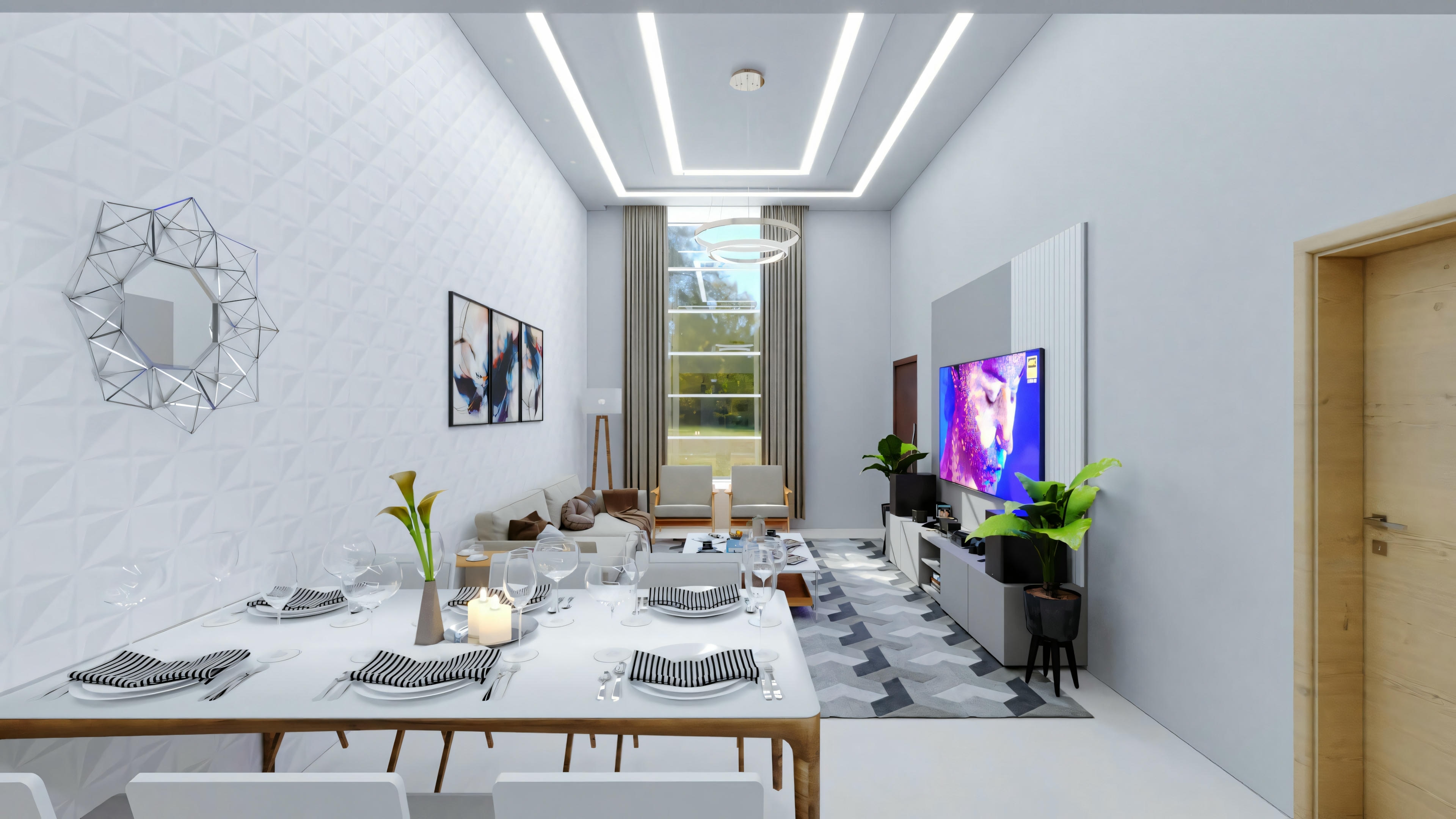 A modern dining room with a long table, white chairs, plates, and glasses. Above the table, there is a rectangular light fixture, and on the wall, there is an abstract black and white art piece.