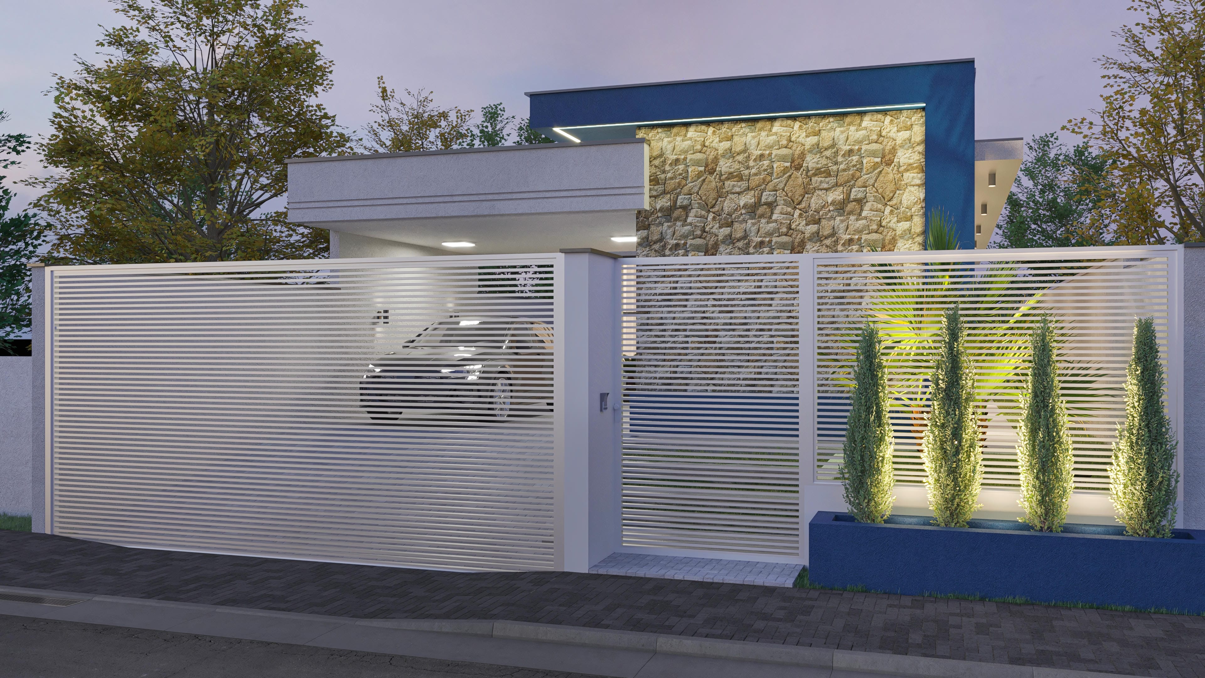 Modern facade of a single-story house with stone cladding, blue details, and a wide entrance with a linear gate and recessed lighting.