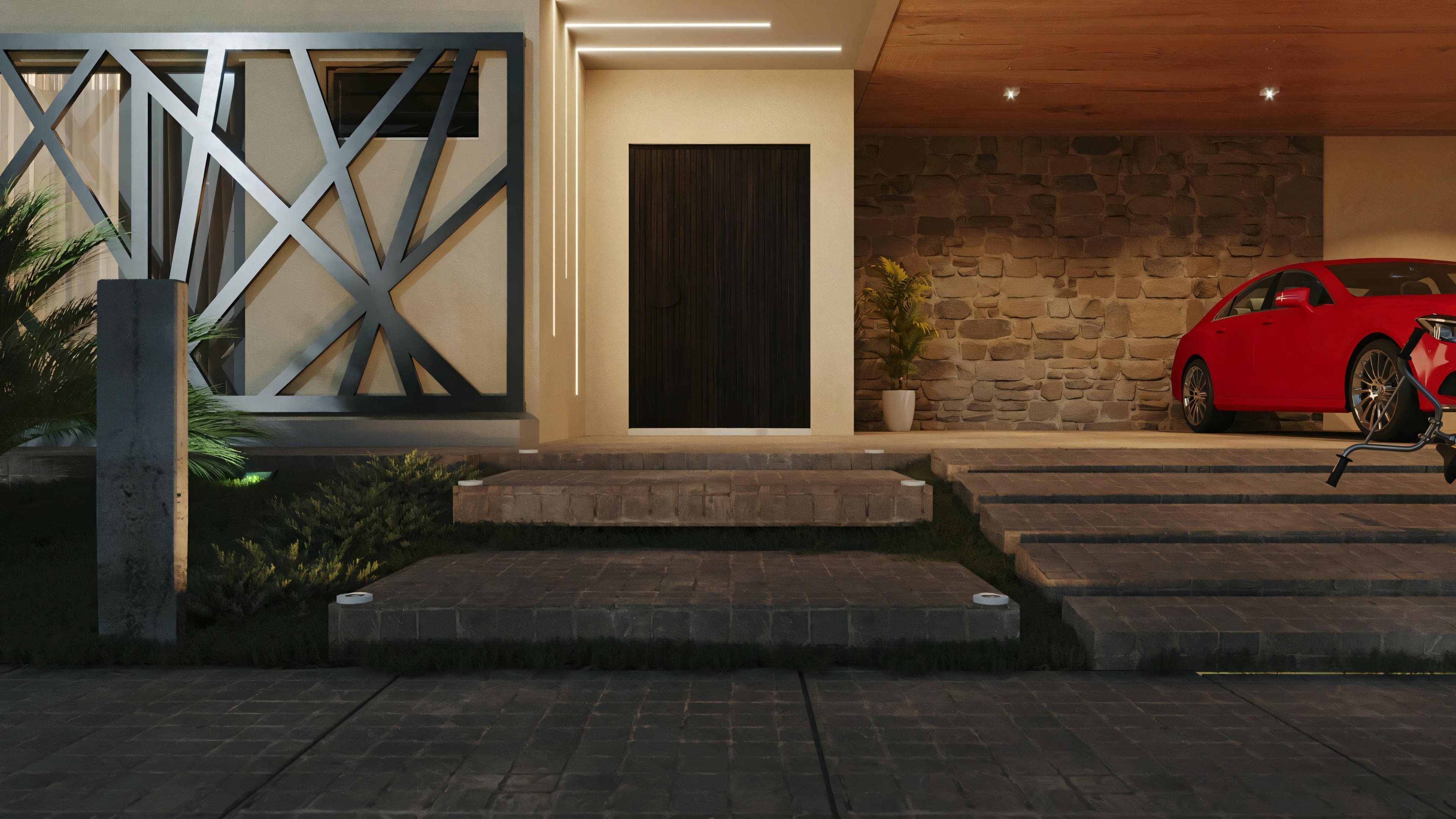 The facade of a modern house at dusk or night. There are steps leading to a veranda area with a door, and part of a red car is visible on the right side.