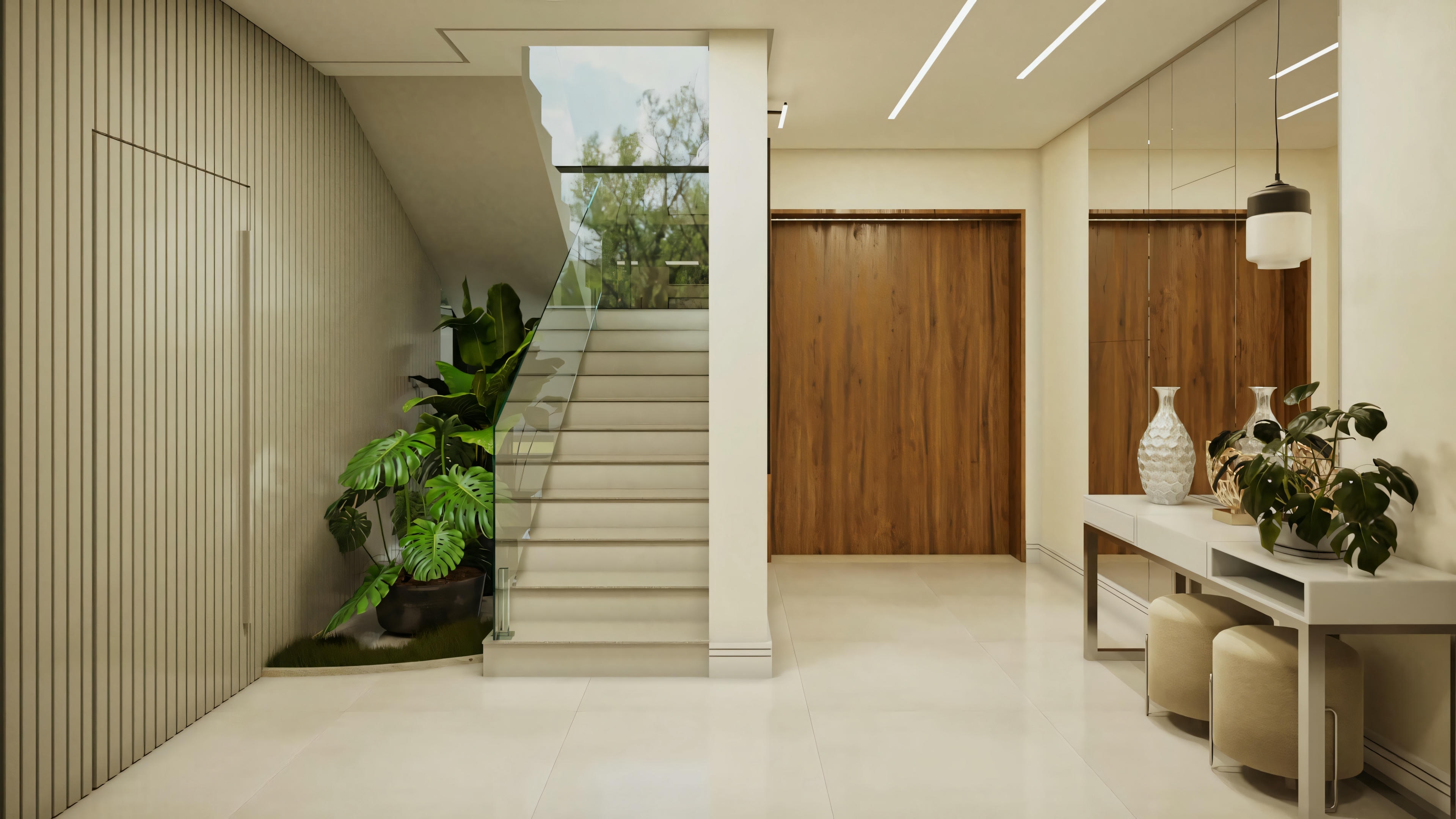 Interior of a ready-made modern house project showing a staircase with glass railing and internal landscaping. Detail of slatted wood panel, wooden door, and hall decorated with console and mirror.